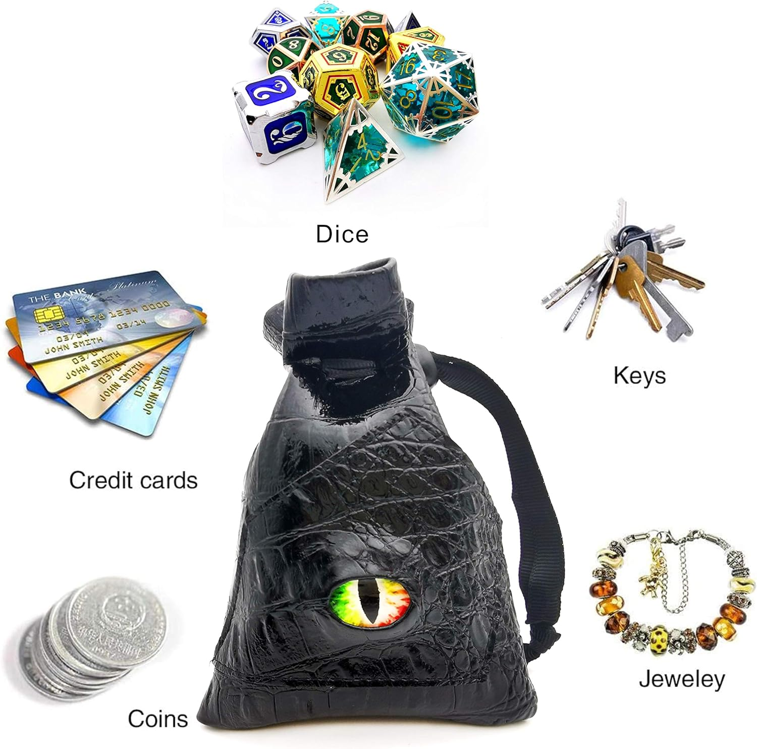 HAOMEJA DND Stuff Role Playing Dice Bag Drawstring Leather DND Dice Bag, Storage Bag Black Green Eye
