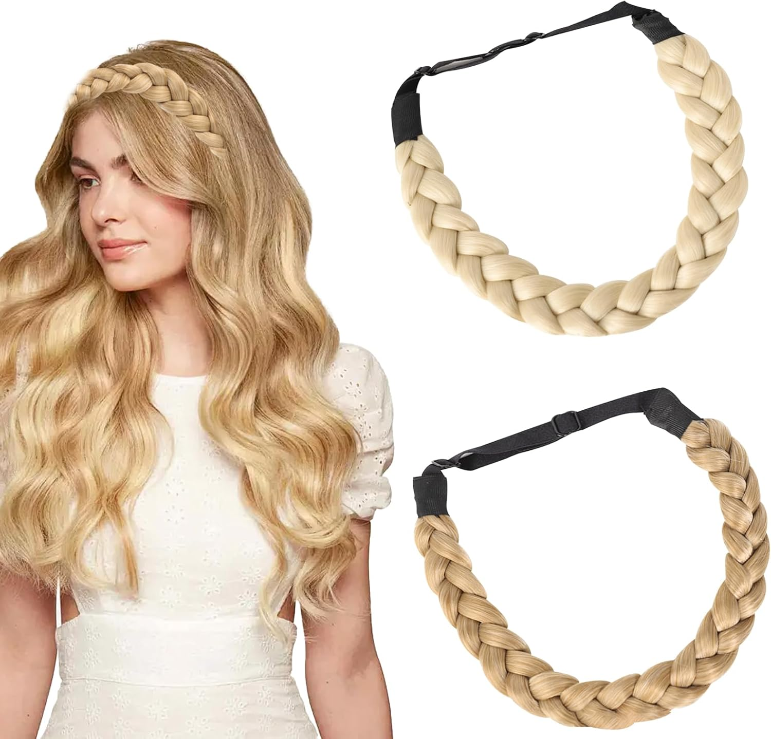 BSITSSS Pack of 2 Women'S Headbands, 3 Strands Synthetic Braided Headband, Light Blonde & Golden Blonde Headband, Adjustable for Women, Girls, Wedding, Birthday Party image number 3