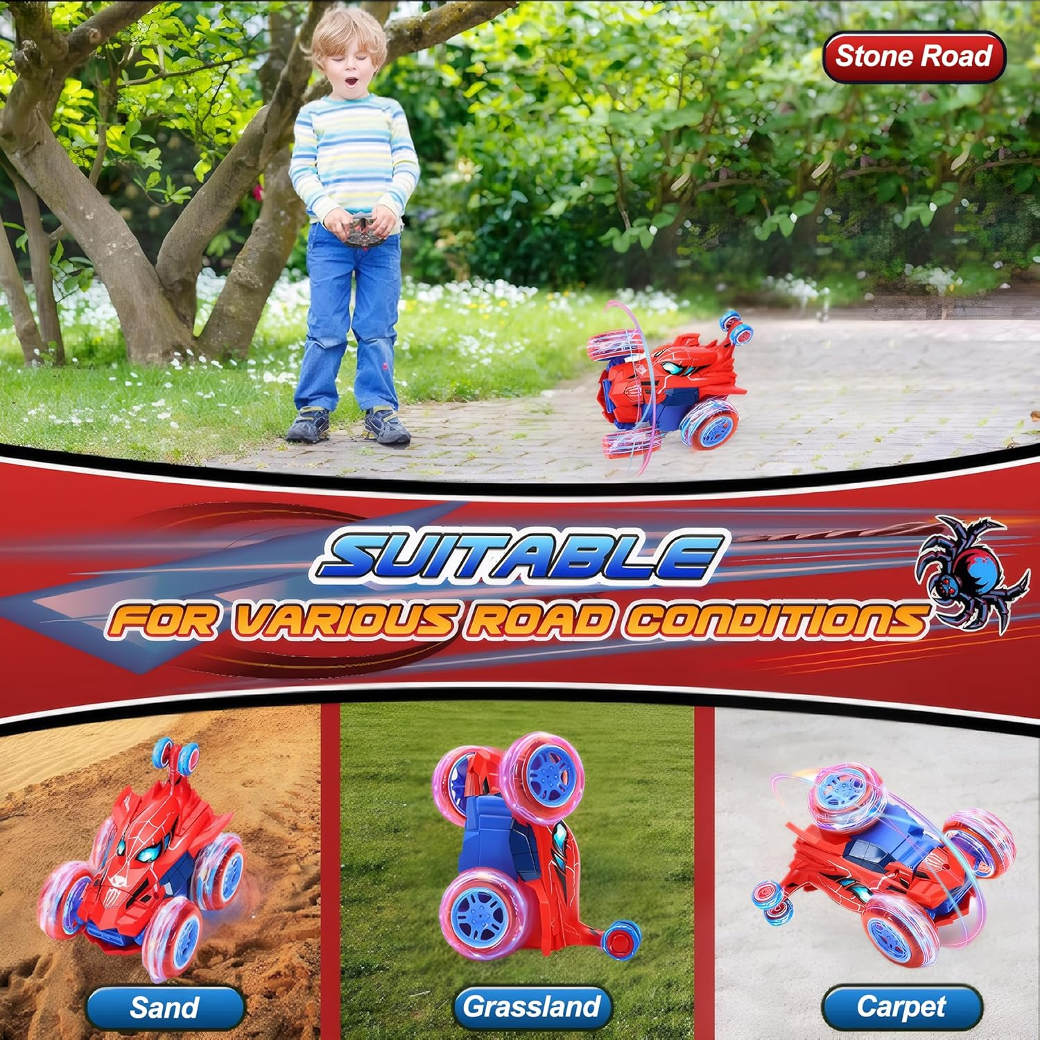 Spider Remote Control Stunt Car, 360&deg; Rotating 4WD Off-Road Double Sided RC Car with Cool Light for Kids Boys Girls Birthday Gift Age 3 4 5 6 7 8 image number 3