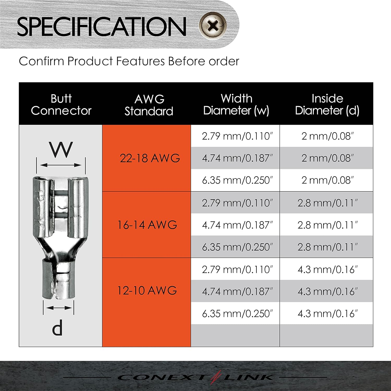 Conext Link QDUF-110R25 Series Uninsulated Quick Disconnect Terminal Female 25 Pack 22-18 Gauge 0.110" image number 4
