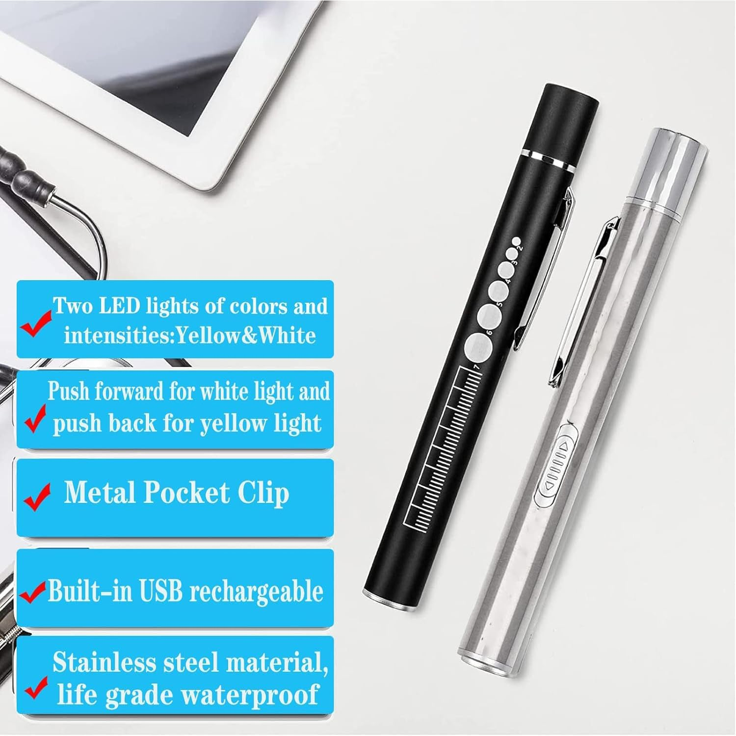 YUENTOEN Pen Light, USB Rechargeable LED Flashlight with Pupil Gauge Stainless Steel Clip Dual Light Source for Home and Outdoor(Silver+Black) image number 4