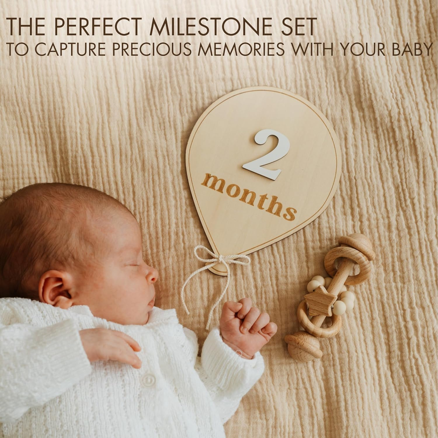 Beautiful Baby Monthly Milestone Cards - the Perfect Wooden Discs for Adorable Milestone Pictures of Your Newborn - 2X Reversible Balloon Signs with Interchangeable Numbers Make a Great Shower Gift image number 1