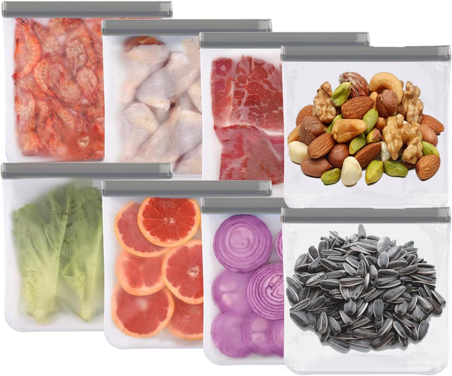 Freezer Bags PEVA, 11&times;11Inch, Leakproof, Dishwasher Safe, Bpa-Free+Stores Meats, Cereal, Veggies; Home Organization+Home Cooks, Families+Practical, Durable, Food-Safe+Reusable Freezer Bags(8Pcs, Grey) image number 4