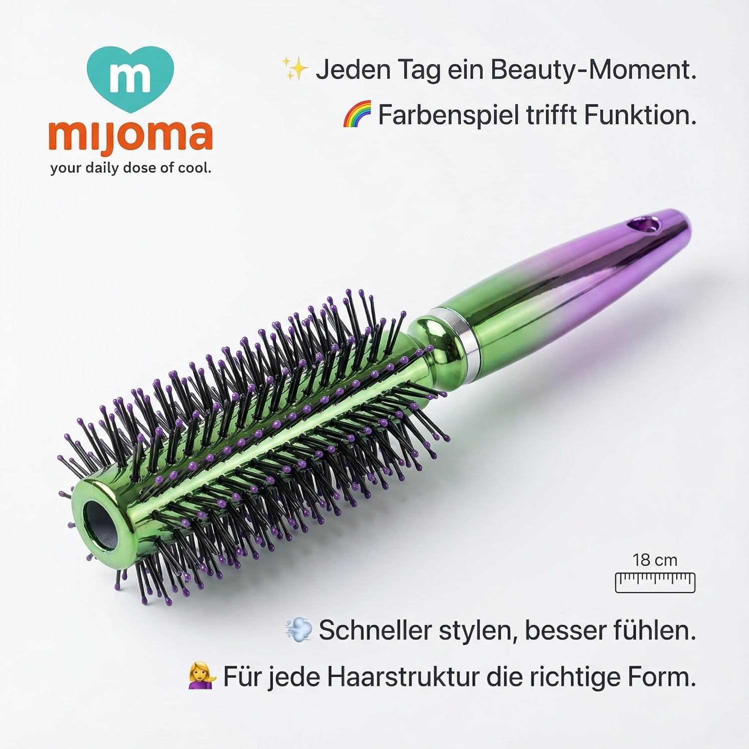 MIJOMA Nylon Bristle Hair Brush - Iridescent Metallic Finish - Ergonomic Handle - Ideal for Daily Styling & Grooming (Round Brush - 18Cm) image number 1