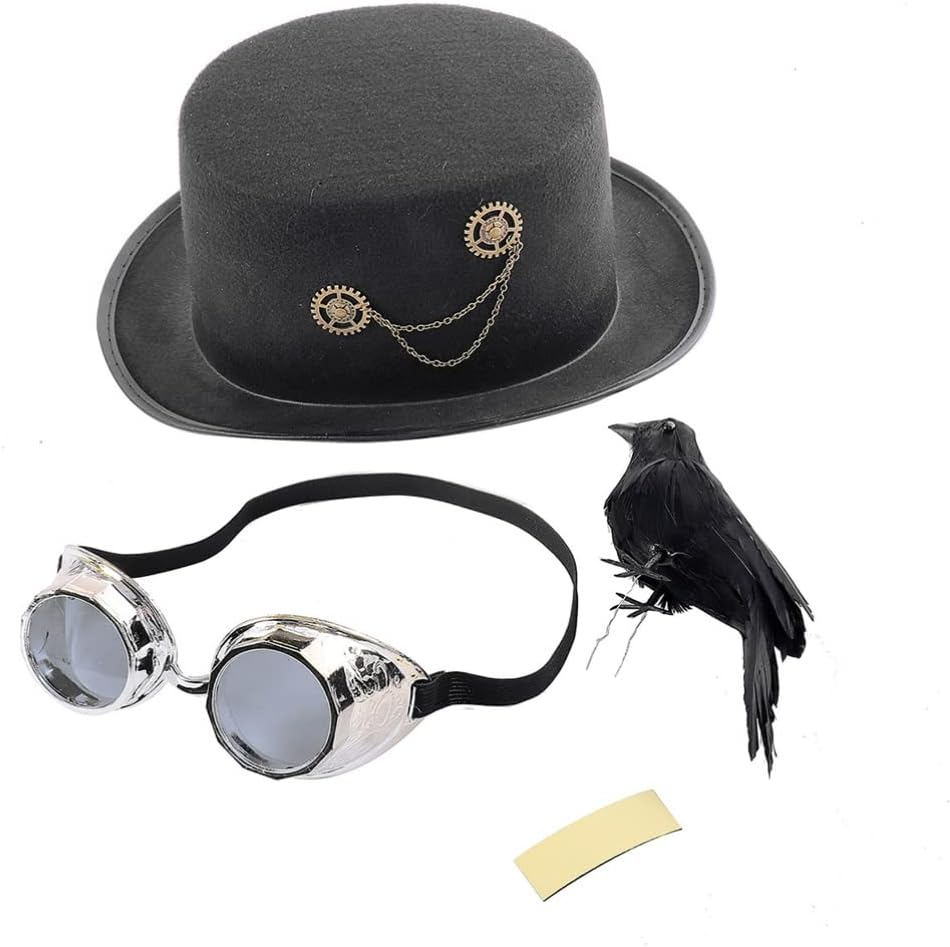 Jojofuny Party Cap Mens Costumes Para Hombres Goth Clothes Halloween Animal Hat Black Wide Brim Hat Top Hat with Goggles Steampunk Costume Top Hat Men Caps and Hats Victoria Miss Make Up image number 4