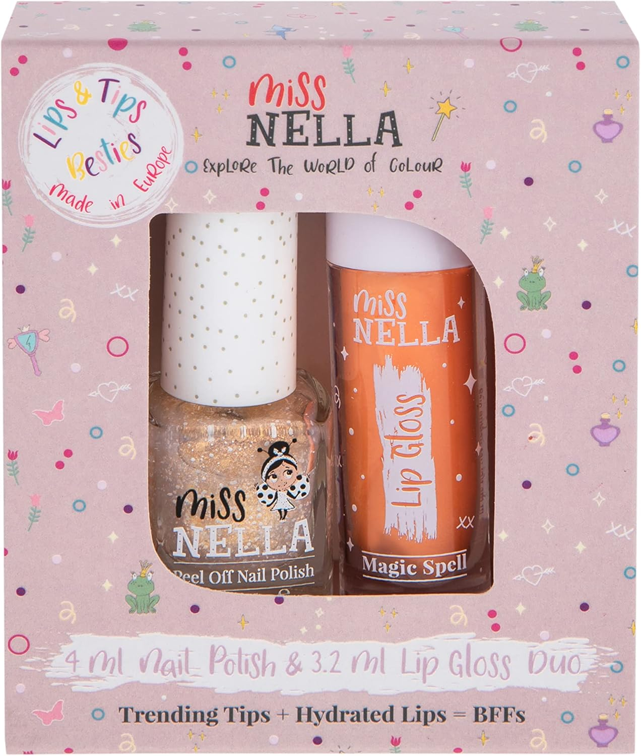 Miss Nella Fairy Kiss Lips & Tips Duo Scented Lip Gloss + Glitter Nail Polish for Children with Removable, Water-Based and Odour-Free Formula
