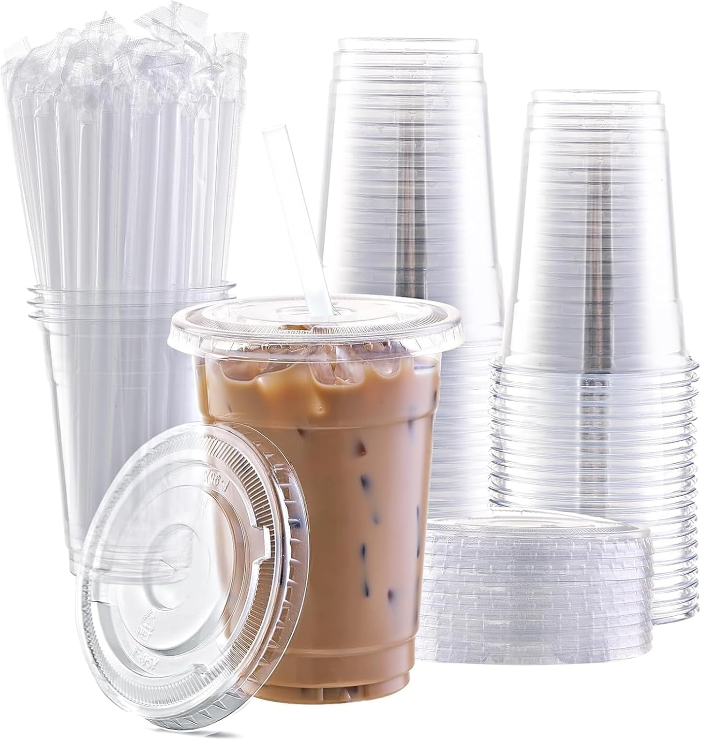 50 Pack 20Oz Plastic Cups with Lids and Straws, Reusable Clear Plastic Cups with Lids for Iced Coffee, Smoothie, Milkshake and Cold Drinks，Durable,Bpa Free, Recyclable