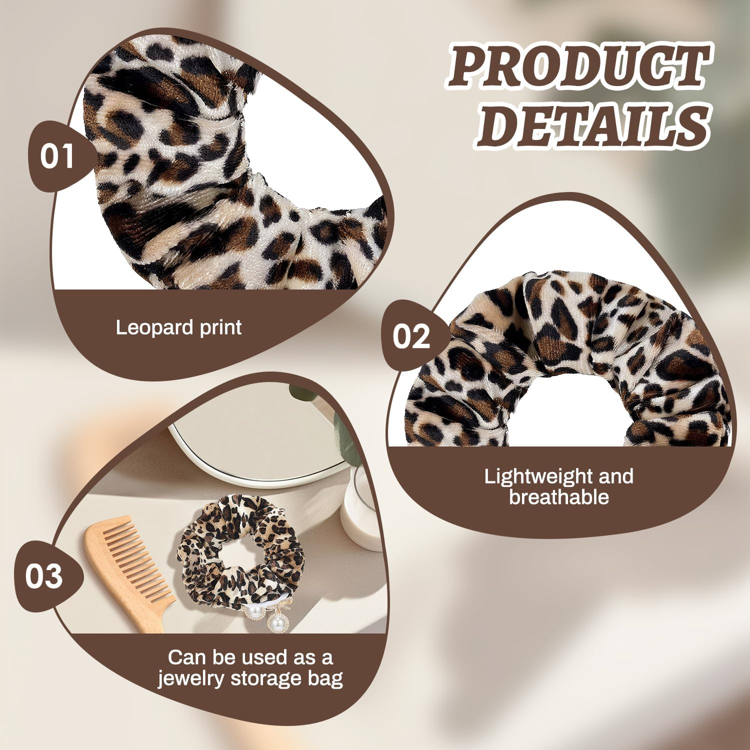 2 Pcs Leopard Print Scrunchies, Velvet Scrunchy for Women Girl Hair Soft Ropes Ponytail Holder Hair Accessories (Style 1) image number 2