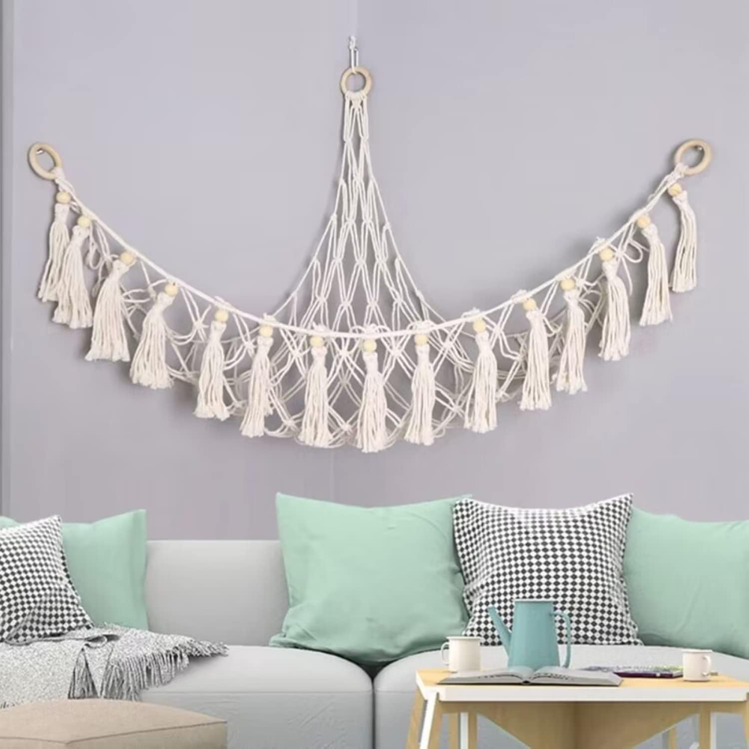 Stuffed Animal Toy Hammock Corner Organizer Display Rack - Bohemian Net Bag for Hanging Toys - 44 in Tassel Storage Rack image number 5