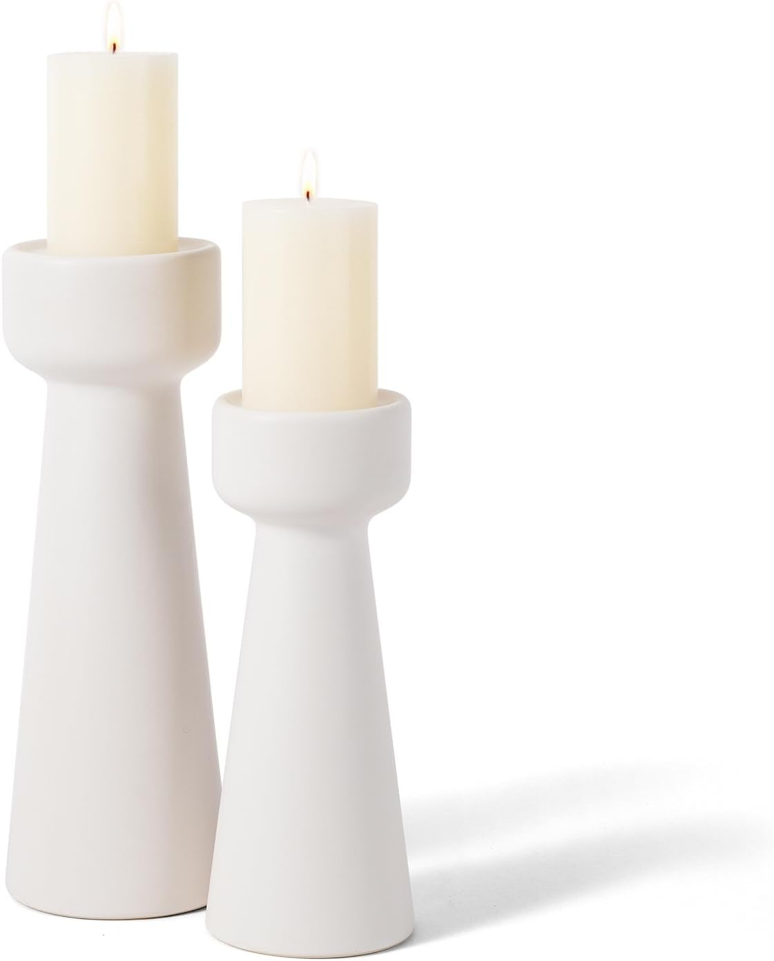 E-ROOM TREND Candle Holders Ceramic White Taper S&L Set of 2 Matte Stylish Decorative Candlestick Holders for Home Decor Dinning Wedding Party Aromatherapy Votive (CH7585W)