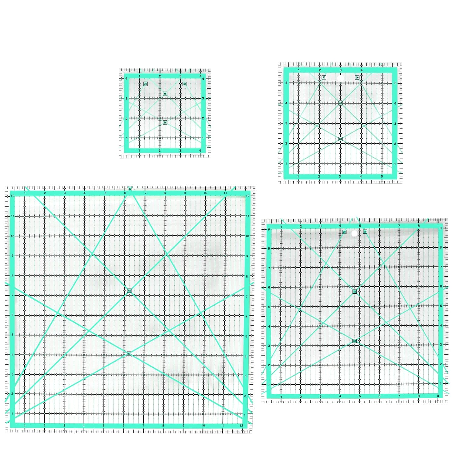 MANUFORE 4Pcs Square Quilting Ruler (12.5&rdquo;/ 9.5&rdquo;/ 6&rdquo;/ 4.5&rdquo;) Sewing Acrylic Ruler Anti-Slip Ruler DIY Quilting Tools with Clear Printed Lines for Precise Cutting
