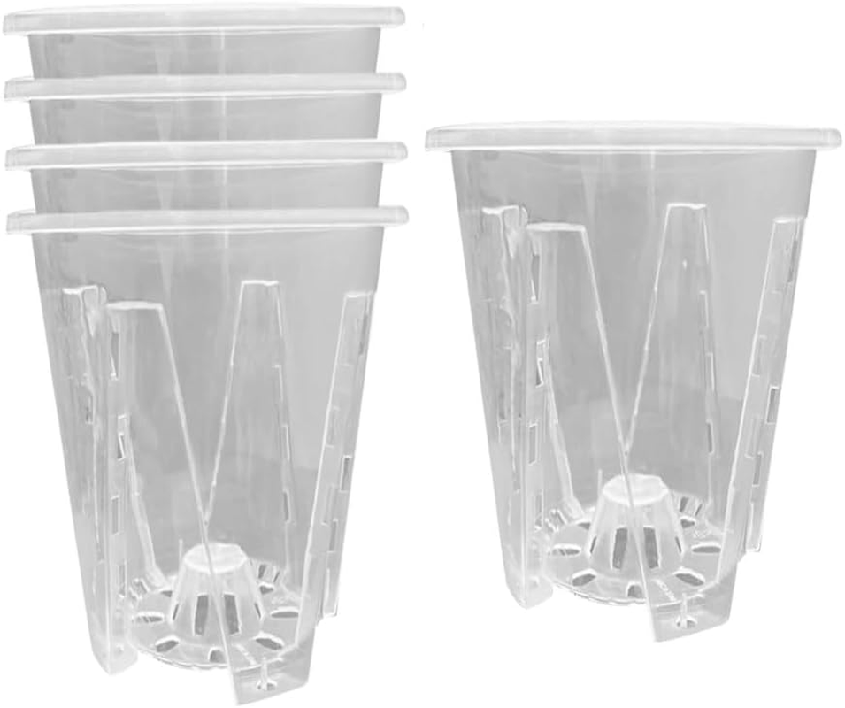 5 Pcs Orchid Pots, 4.7Inch Clear Orchid Pots with Holes and Saucers, Breathable Slotted Orchid Planter Indoor Outdoor,For Repotting Flowers