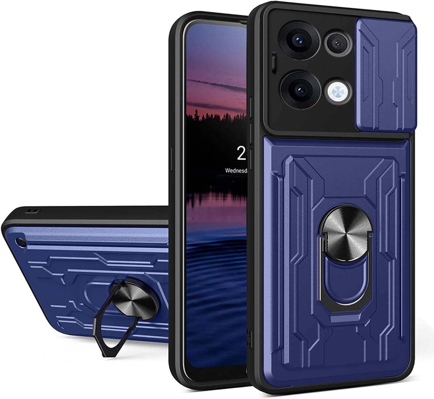 ILING Wallet Mobile Phone Case for Oppo Reno 13 Pro 5G (Reno13 Pro 5G), Ultra Thin Shockproof Matte PC Silicone Case Armour Protective Case with Card Slot, Ring Stand, Camera Protection (Blue)