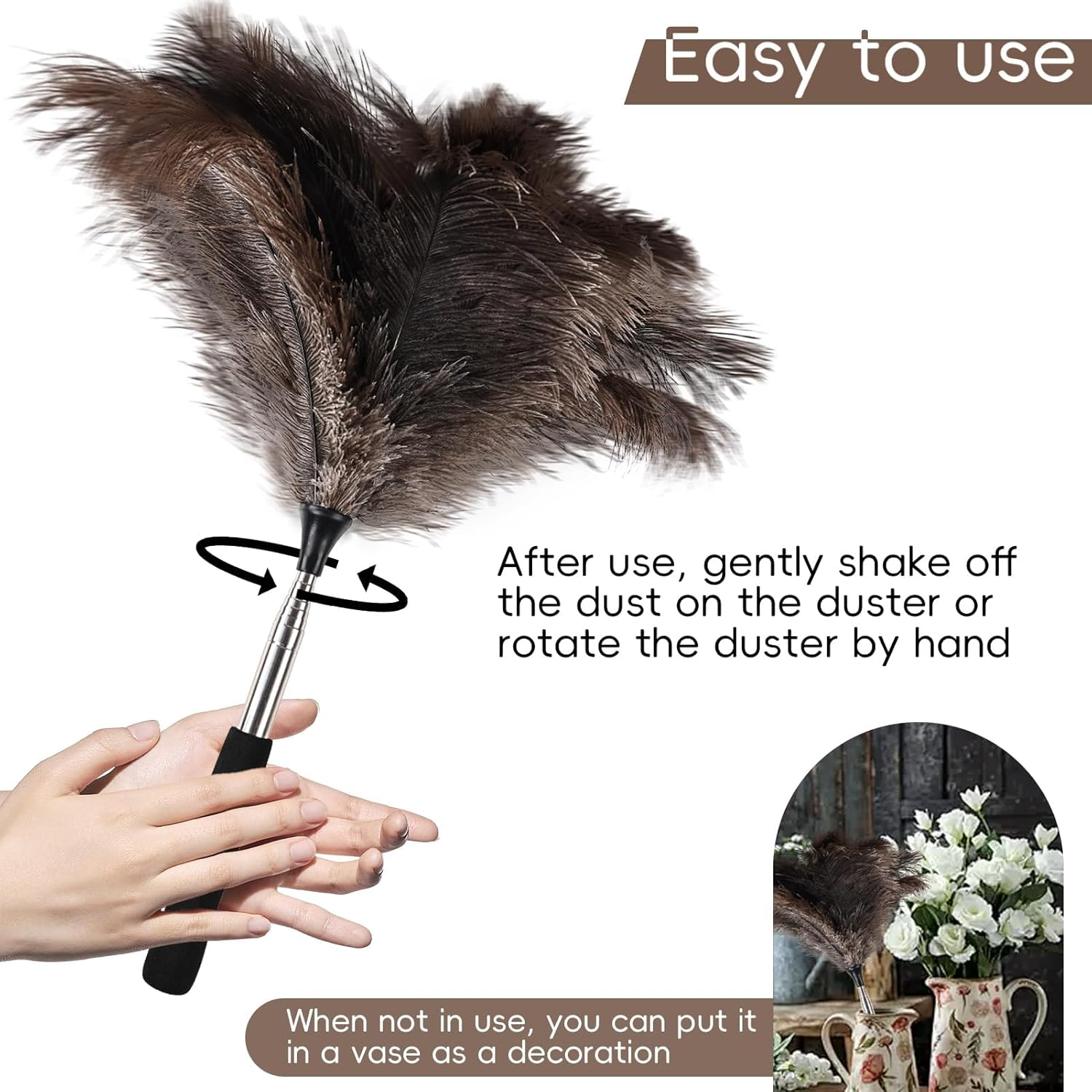 Extendable Ostrich Feather Duster - 40 Inches Fluffy Long Handle Reusable Feather Duster for Cleaning Ceiling Fan,Pendant Lamp, High Ceiling, Blinds, Furniture image number 2