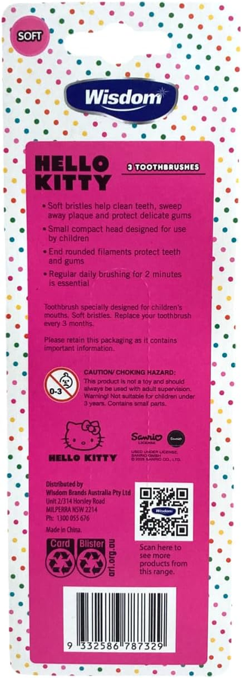 Wisdom Hello Kitty Kids Toothbrush &ndash; Official Licensed Character Design, Soft Bristles for Toddlers, Boys & Girls, Gentle Manual Toothbrush for Children&rsquo;S Dental Care, 3 Pack