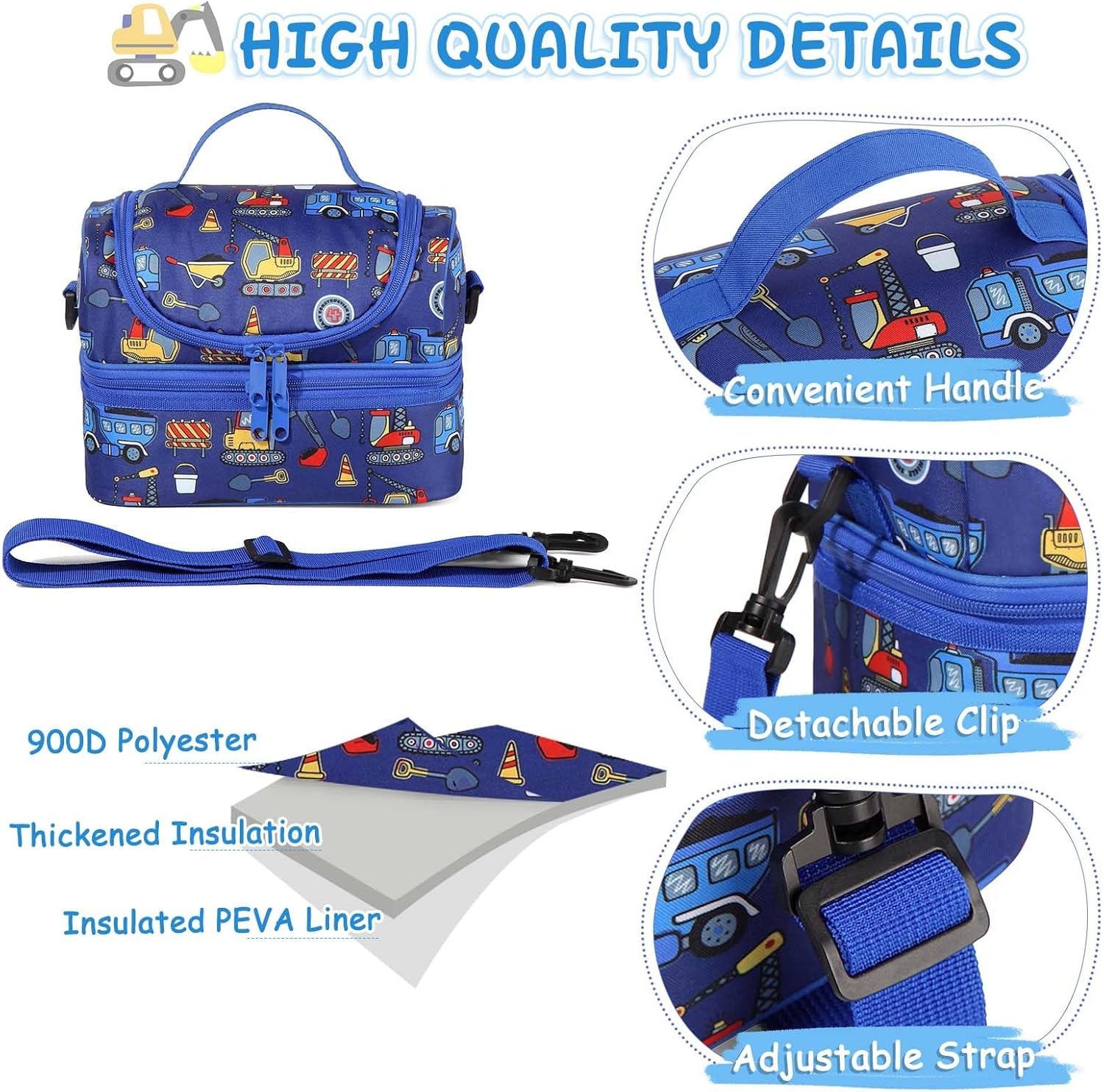 KASQO Lunch Box Bag for Kids, Insulated Lunch Bag Two Compartments Toddler Cooler Bag Lunch Tote Bag with Detachable Shoulders Strap for School Picnic， Blue Car - Blue Rocket image number 6