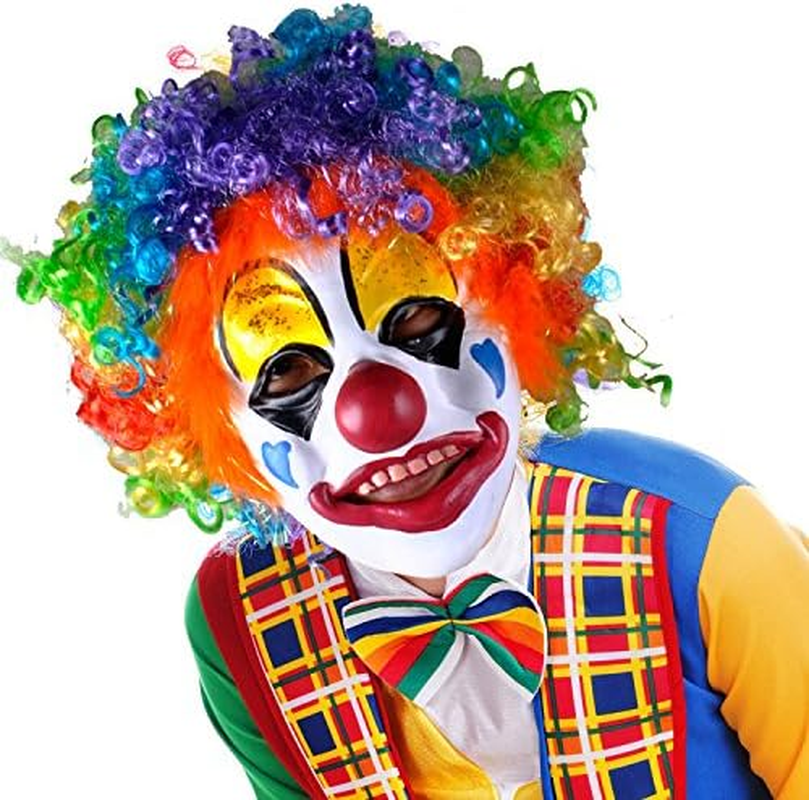 Latex Clown Mask with Colorful Hair Red Nose Clown Mask Costumes Creepy Clown Cosplay Dress up Halloween Adult Man Woman Role Play Party Props