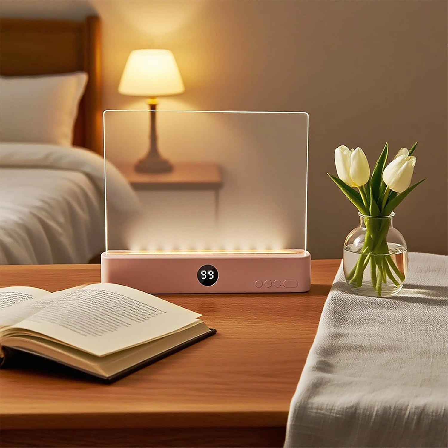 TSWCBYYLB Rechargeable Flat Dimmable Clear Panel LED Book Light with Timer & 3 Colors for Reading in Bed at Night (Pink) - White image number 2