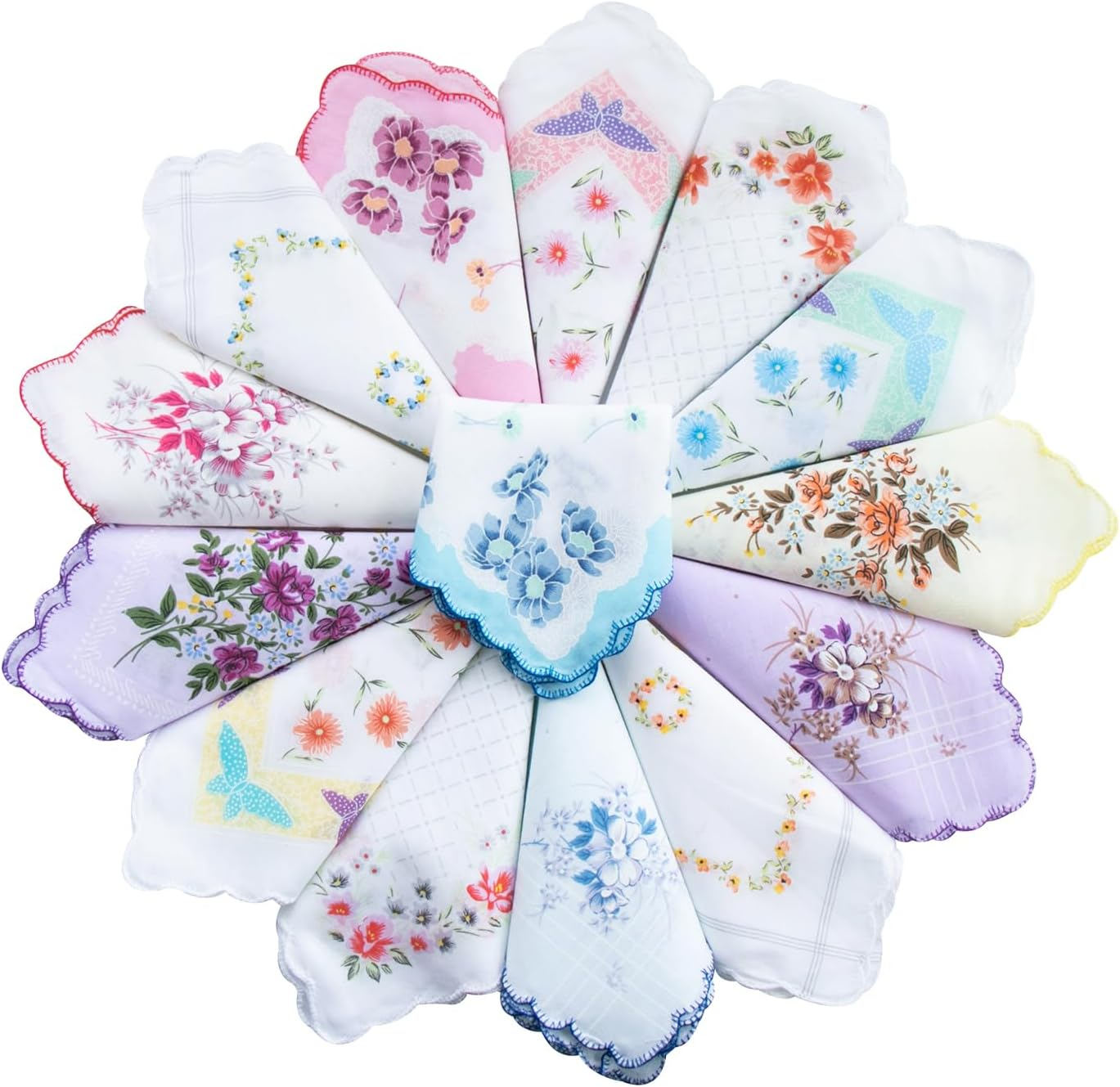 MZLIU Womens Girls Vintage Floral Cotton Handkerchiefs with Scalloped Edge Hankies image number 3