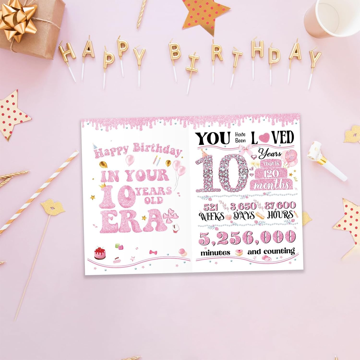 10Th Birthday Card for Boys Girls, Funny Greeting Card with Several Important Time (Years/Months/Weeks/Days/Hours/Minutes), Party Decor Supply Ideas Birthday Gifts for Him or Her, Pink image number 6