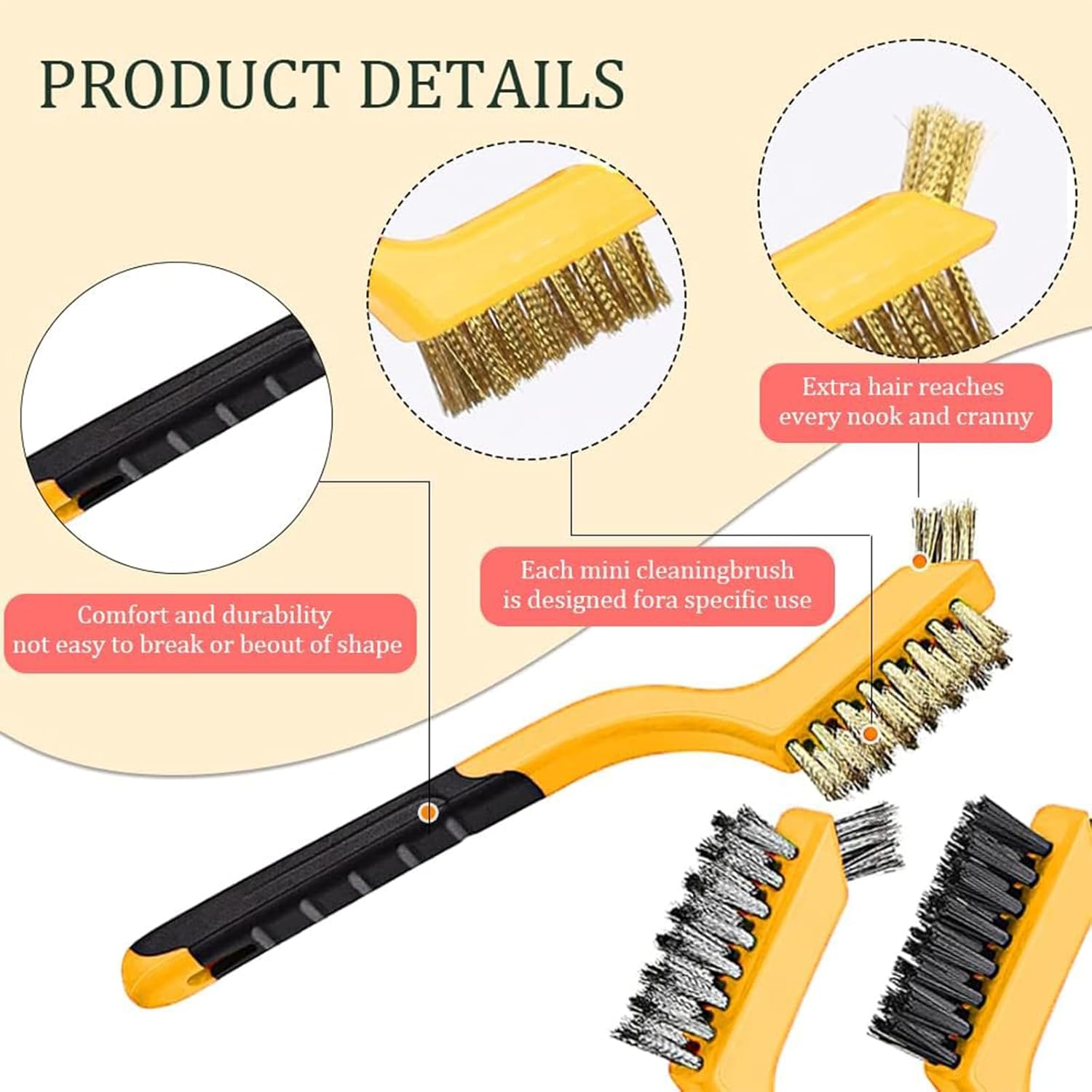 10Pcs Wire Brush Set, Stainless Steel/Brass/Nylon Bristles Brushes for Narrow Areas Deep Cleaning Dirt, Rust Removal, Grill Cleaner, Paint Scrubbing Double-Ended Cleaning Brush and Picks Set image number 4