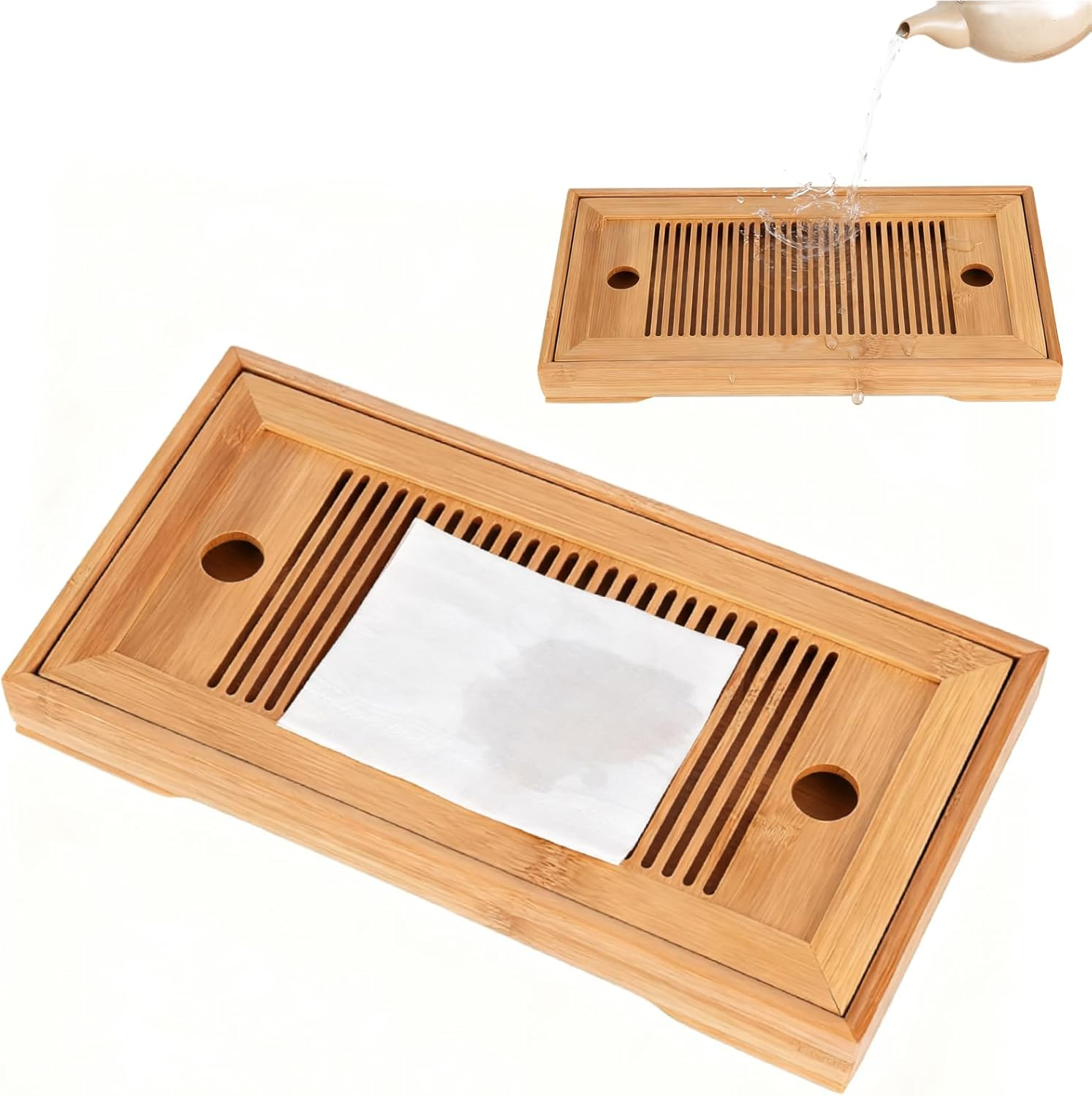 Candeon Bamboo Tea Tray, Chinese Gongfu Tea Tray, Kungfu Tea Table, Double Layer Tea Serving Tray, Tea Tray for Small Tea Set, Tea Serving Table for Tea House, Home Office, 27 X 14 X 3 Cm