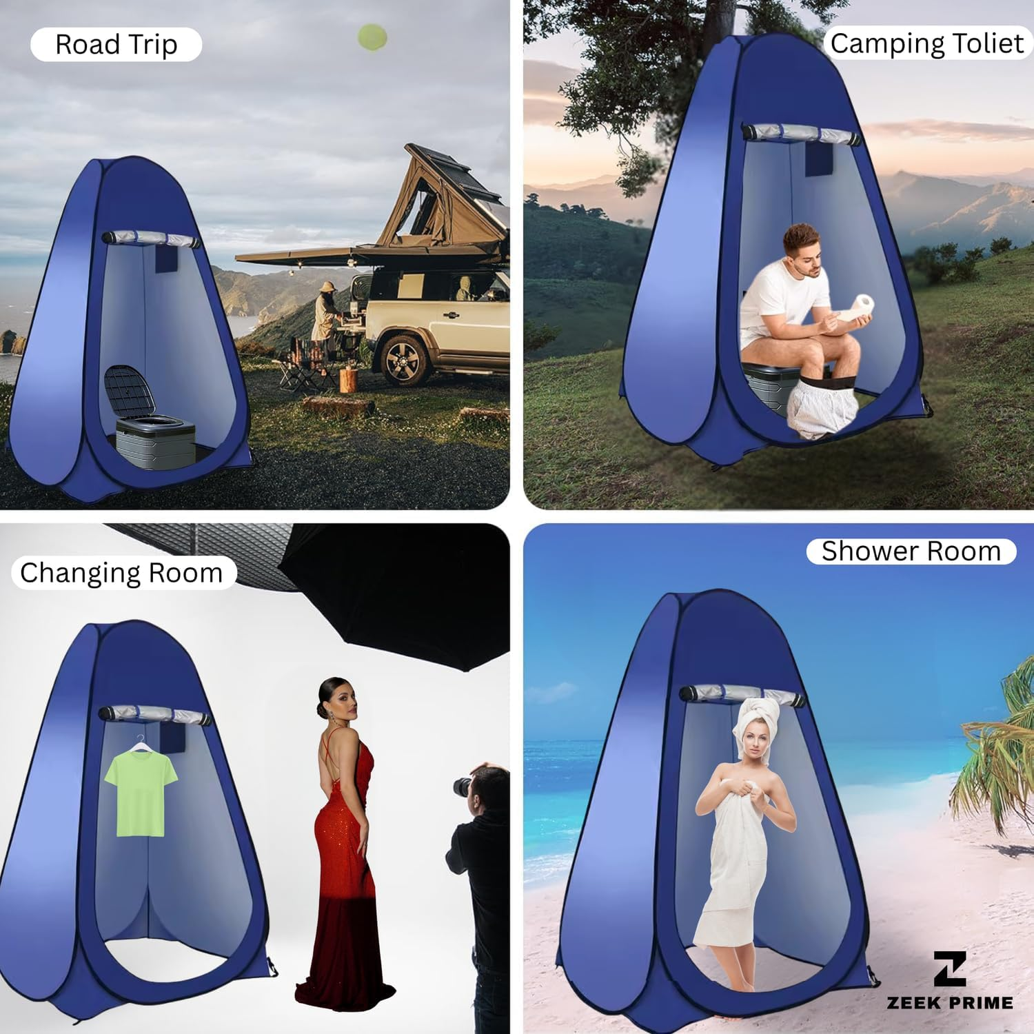ZEEK PRIME - Camping Waterproof Pop-Up Tent with Two Windows &ndash; Portable Outdoor Privacy Shelter for Shower, Toilet & Changing | 170T Polyester, Lightweight Single & Double Sizes with Carry Bag &ndash; Blue image number 3