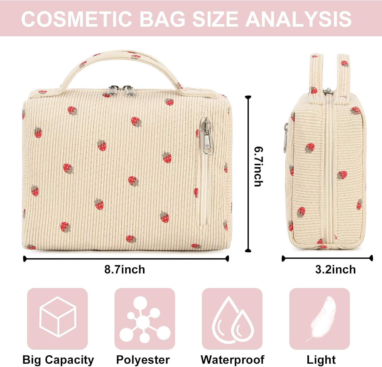 Bluboon Makeup Bag Zipper Pouch Travel Portable Cosmetic Bag Organizer for Women and Girls, Beige Strawberry Corduroy, Strawberry Corduroy Beige Cosmetic Bag - Cloud Beige image number 6