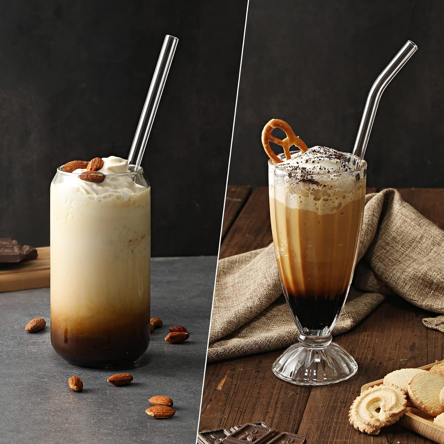 NETANY 12-Pack Reusable Glass Straws, Clear Glass Drinking Straw, 10''X10 MM, Set of 6 Straight and 6 Bent with 4 Cleaning Brushes - Perfect for Smoothies, Milkshakes, Tea, Juice - Dishwasher Safe image number 2