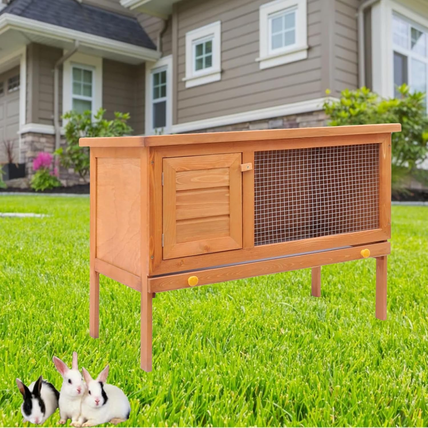 Elevated Wooden Rabbit Hutch, Indoor/Outdoor Bunny Cage with Weatherproof Green Asphalt Roof,Slide Bolt Latch and Removable Tray for Rubbit,Guinea Pig,Hamster (Wood, 90L X 45W X 65H) image number 4