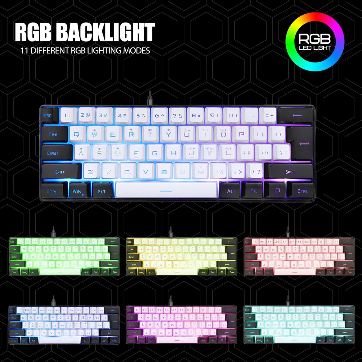 Mini RGB Keyboard, LED Backlight Mechanical Feeling Wired Gaming Keyboard with Multiple RGB Lighting and Stand, Ergonomic Design(Black and White) (White) image number 3