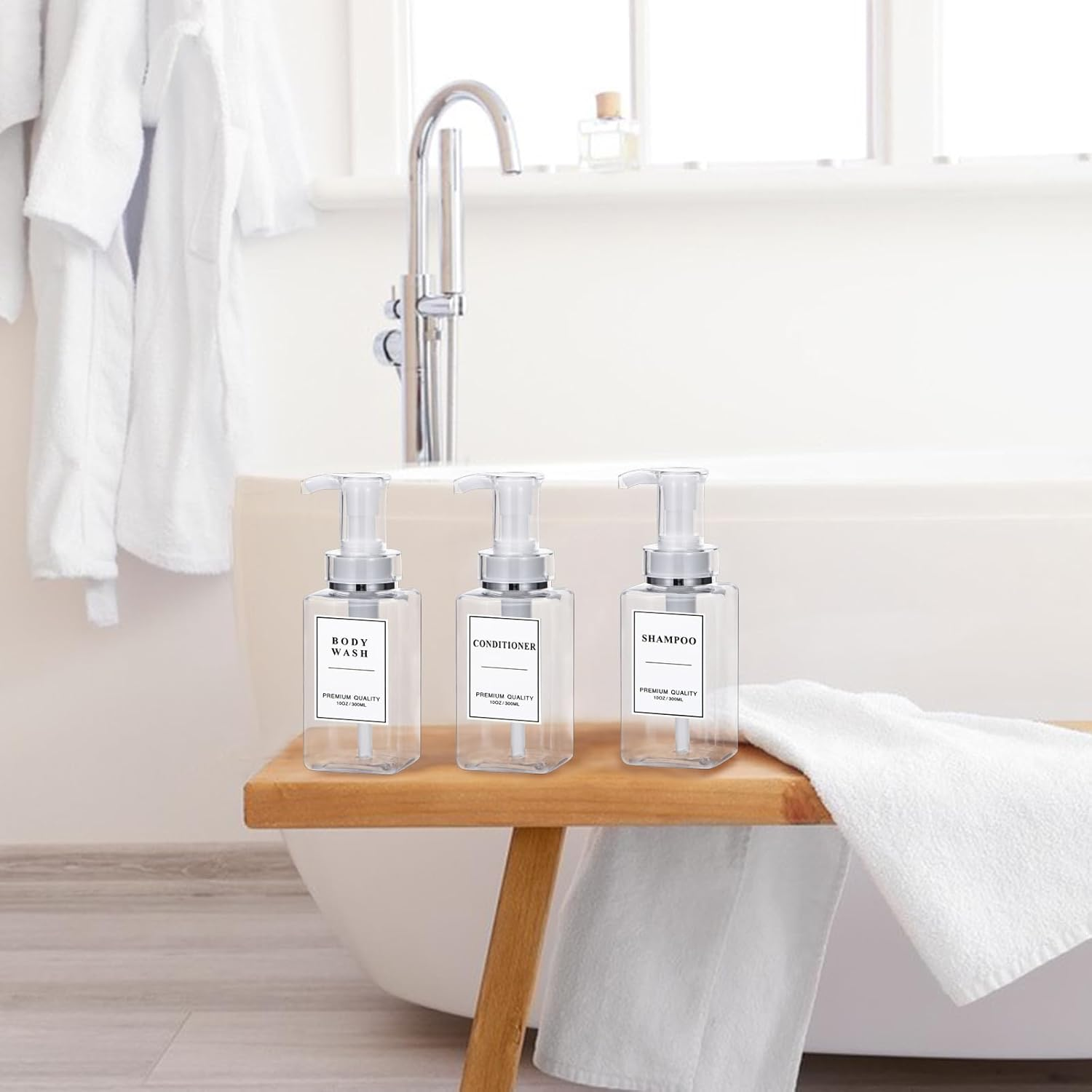 Yeeco Plastic Soap Dispenser, Clear 3 Pcs Refillable Shampoo and Conditioner Bottles, Empty Shower Bottles with Pump, Labels for Shower Bathroom Kitchen, 10Oz/300Ml