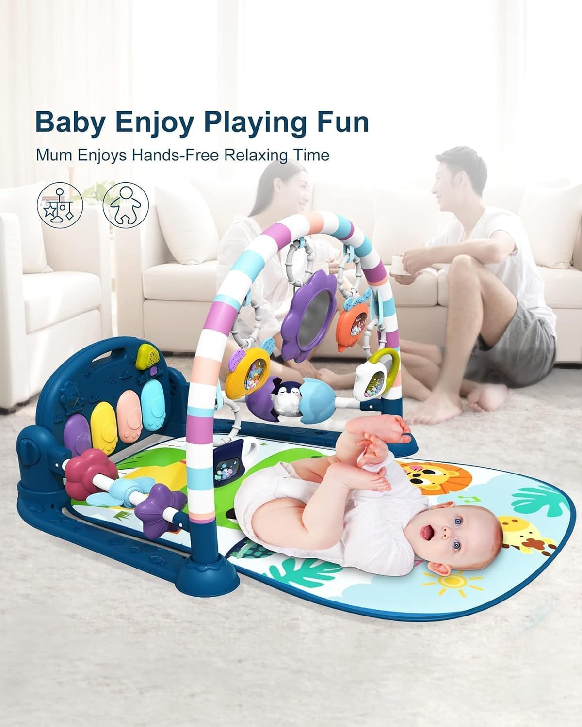 Veraste Baby Play Mat Baby Gym,Funny Play Piano Tummy Time Baby Activity Mat with 5 Infant Sensory Baby Toys, Music and Lights Boy & Girl Gifts for Newborn Baby 0 to 3 6 9 12 Months（New Blue） - New Blue image number 5