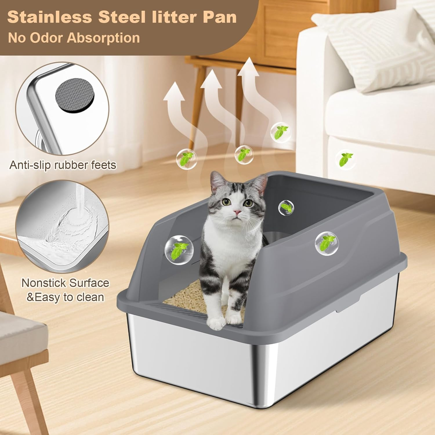 Amibud 2 Pack XL Metal Cat Litter Box with Lid Scoop-Extra Large Stainless Steel Litter Boxes for Big Cats, Kitty Litter Pan Tray Cat Toilet with High Wall Enclosure image number 5