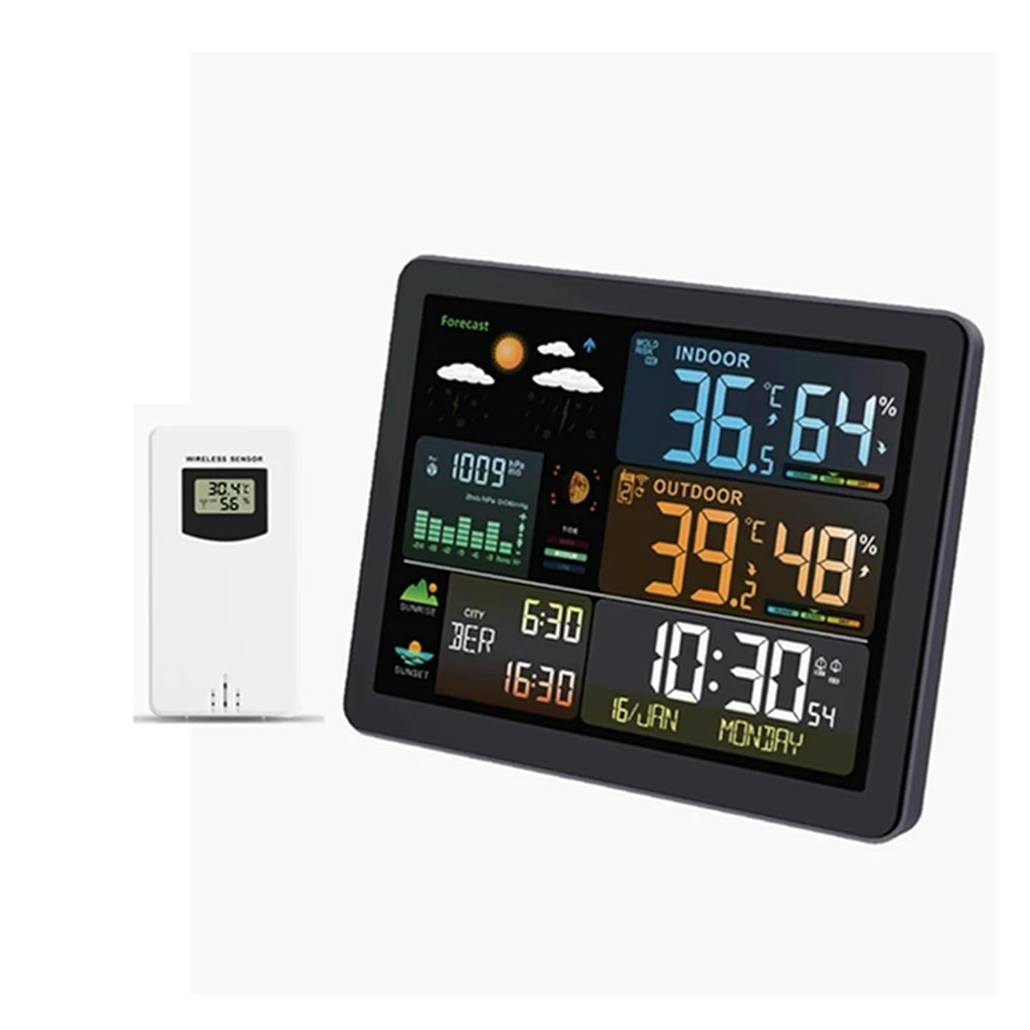Color Weather Station Wall Dual Alarm Clock Digital Temperature Humidity Mointor Barometer Moon Phase Tide Indicator Sensor -40C image number 3