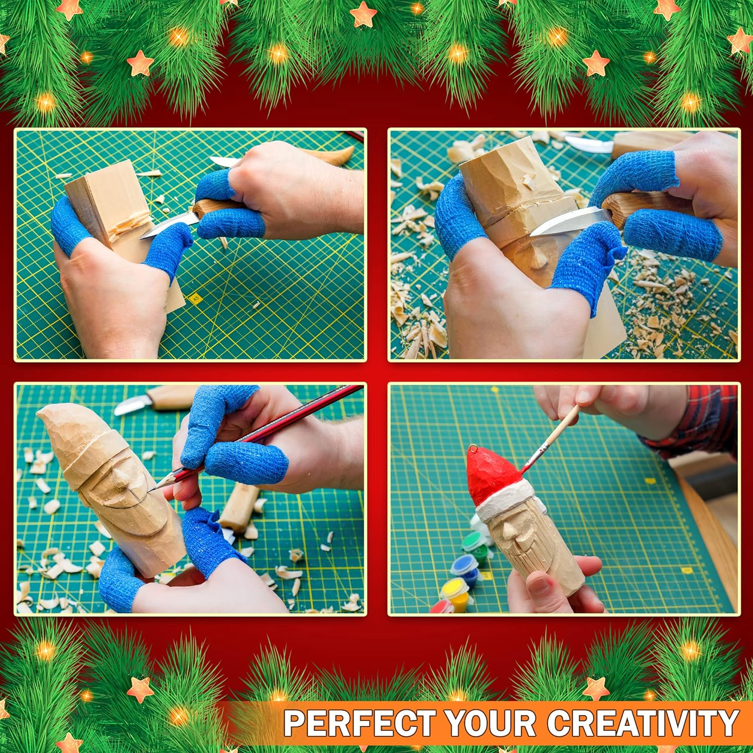 Wood Carving Kit for Beginners - Whittling Kit with New Year Tree and Santa DIY - Woodworking Kit with Wood Blocks Knives Gift Set for Kids Adults Christmas Tree Ornaments Decoration