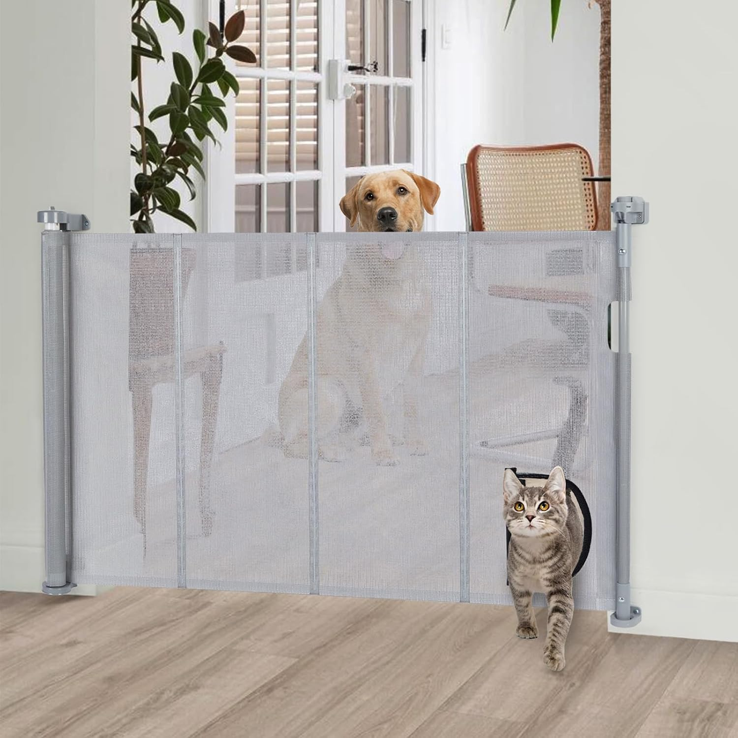 Ownpets Retractable Dog Gate with Cat Door 71 Inch Extra Wide Pet Gate, Retractable Gate for Cat/Puppy Dogs/Small Pet, Mesh Dog Gate for Stairs Doorways Hallways Indoor,Outdoor,Grey