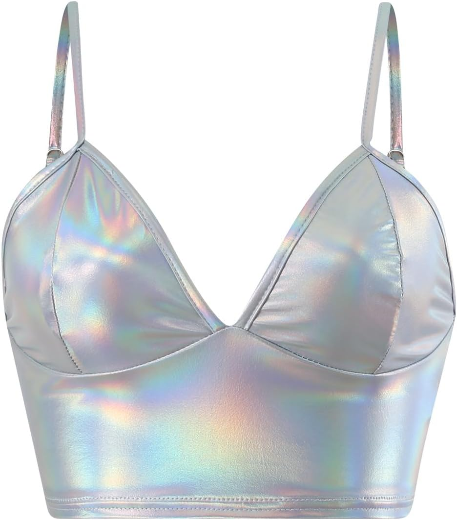 Women'S PU Crop Tops Shiny V-Neck for Dancing Raves Festivals Costumes image number 5