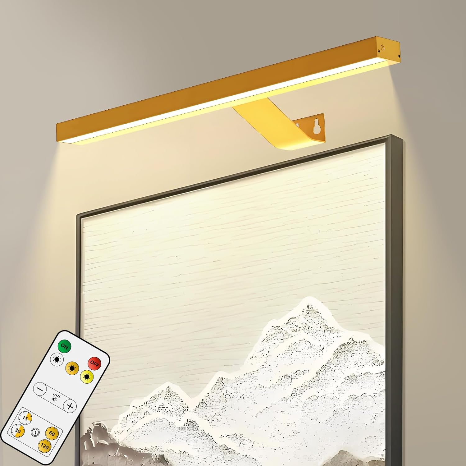 Picture Light Battery Operated, 16In Wireless Art Light Rechargeable, Cordless Display for Paintings with Remote, Timer, Dimmable Wall Sconce for Portraits, Frames, Gallery (Gold)