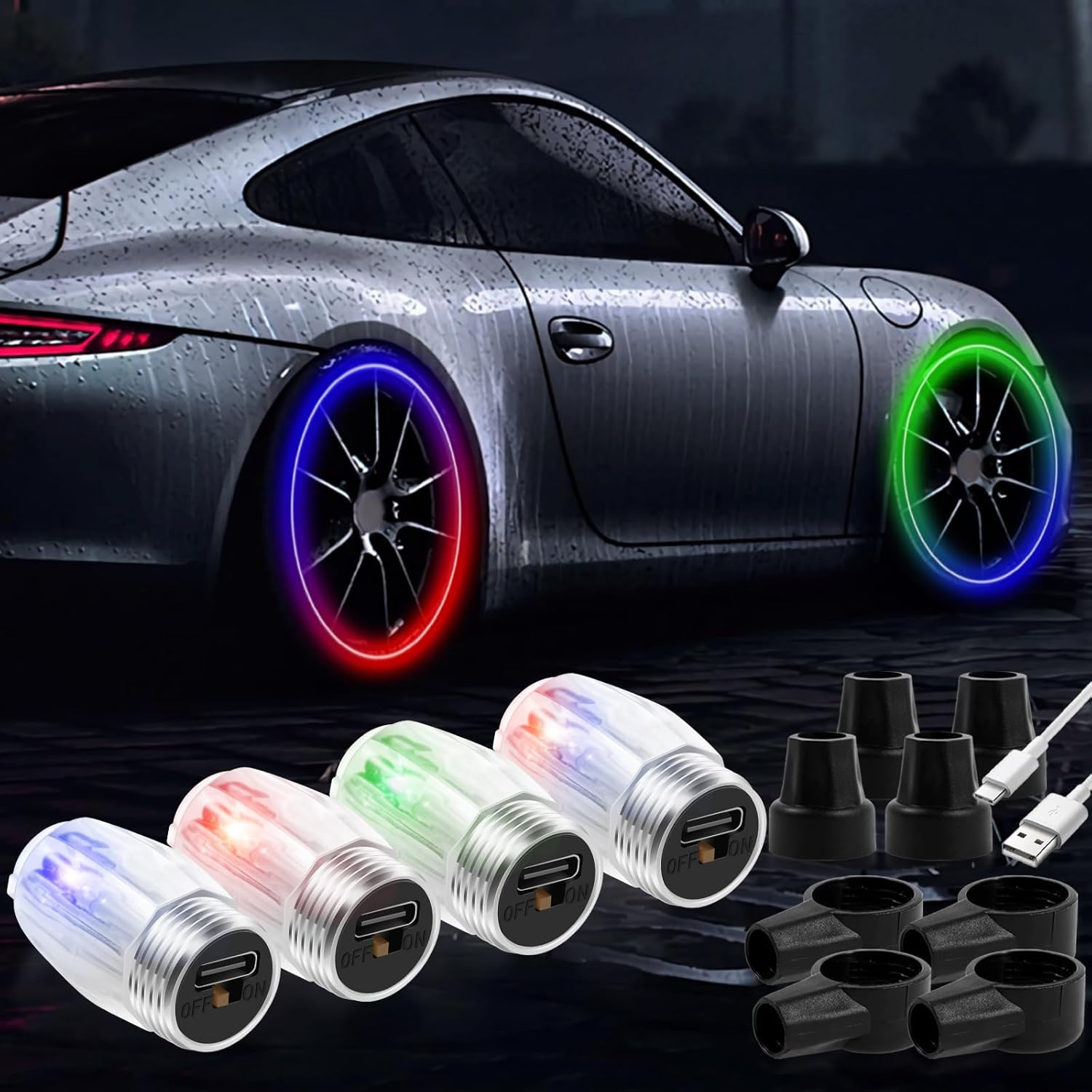 4Pcs Tire Valve Cap Lights, Glow in the Dark LED Tire Valve Lights with Motion Sensors Waterproof Colorful LED Car Wheel Lights USB Rechargeable Wheel Flashing Lamp for Car Truck Motorcycle