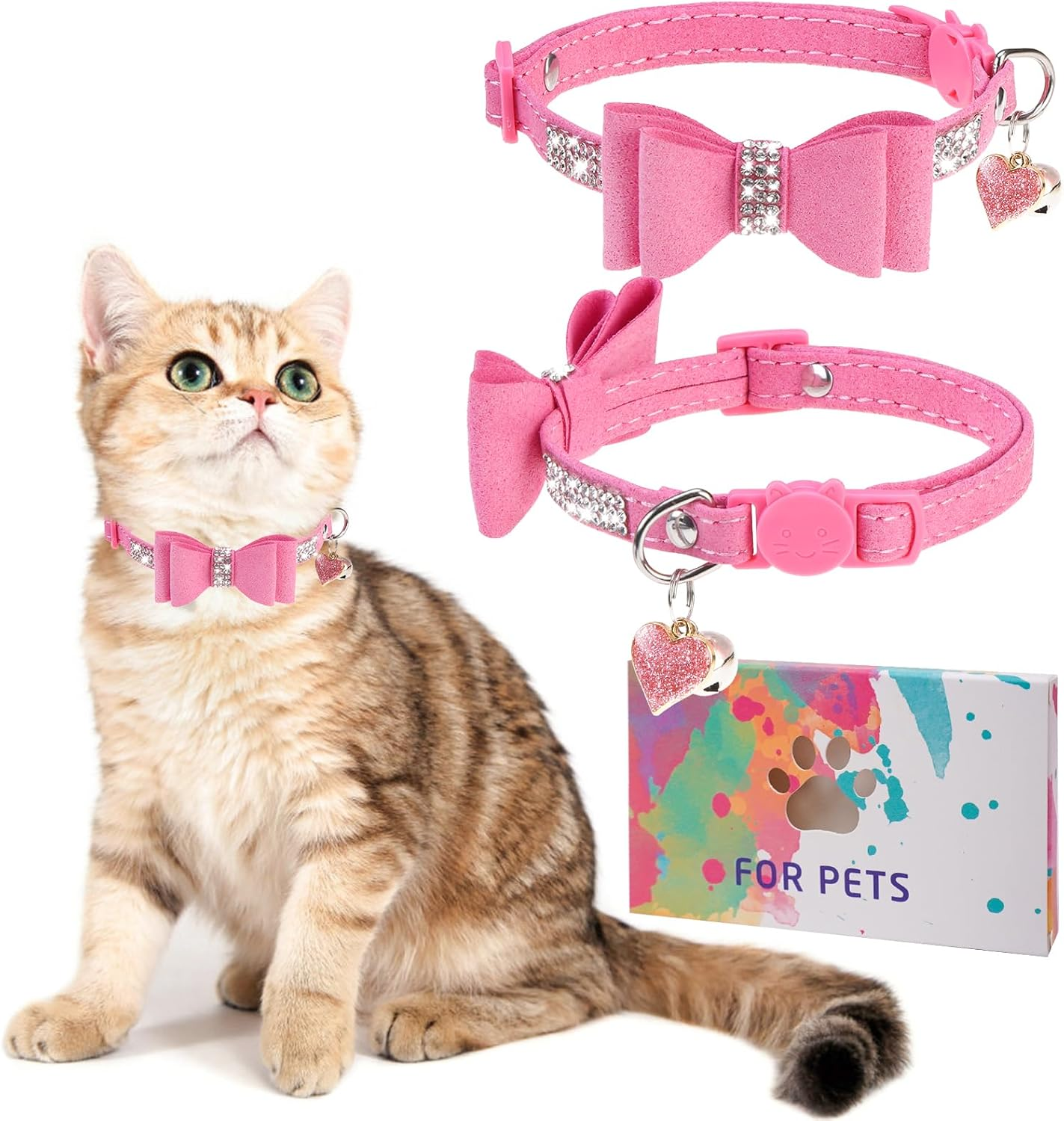 DILLYBUD Rhinestone Cat Collar Breakaway with Bell, Diamond Cat Collar with Safety Buckle Quick Release for Girl Boy Small Kitten Pets Puppy,Cute Soft Female Male Cat Collars, Color Green 8-12"