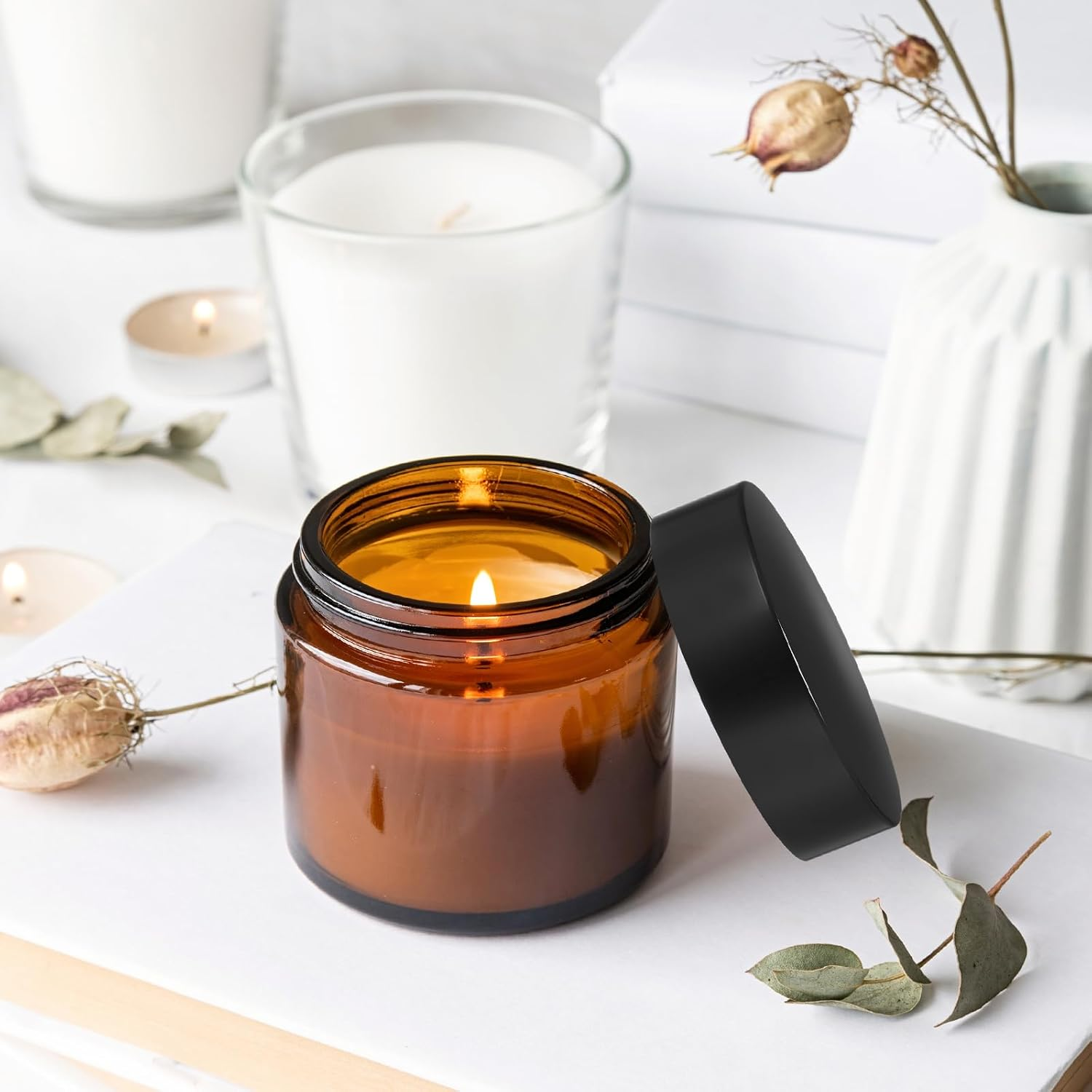 Bumobum 2 Oz Small Glass Jars with Lids, 24 Pack Amber Glass Cosmetic Jars with Inner Liners, 60Ml round Empty Sample Containers for Cream, Salve, Powders and Ointments Storage