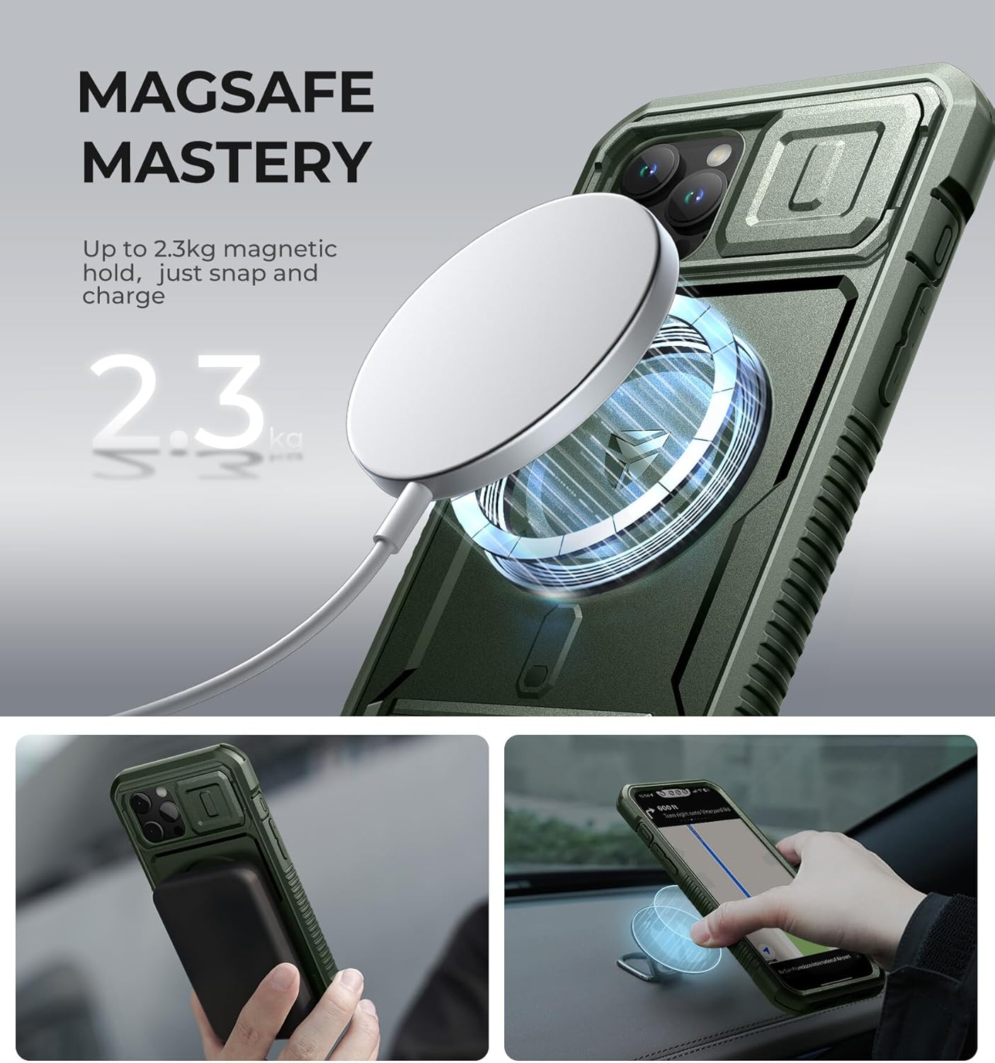 Dexnor Magnetic Bumper Case for Iphone 13 Pro Max,Heavy-Duty Shockproof Full-Body Rugged Protective Cover with Kickstand & Camera Cover & Screen Protector - Army Green image number 6