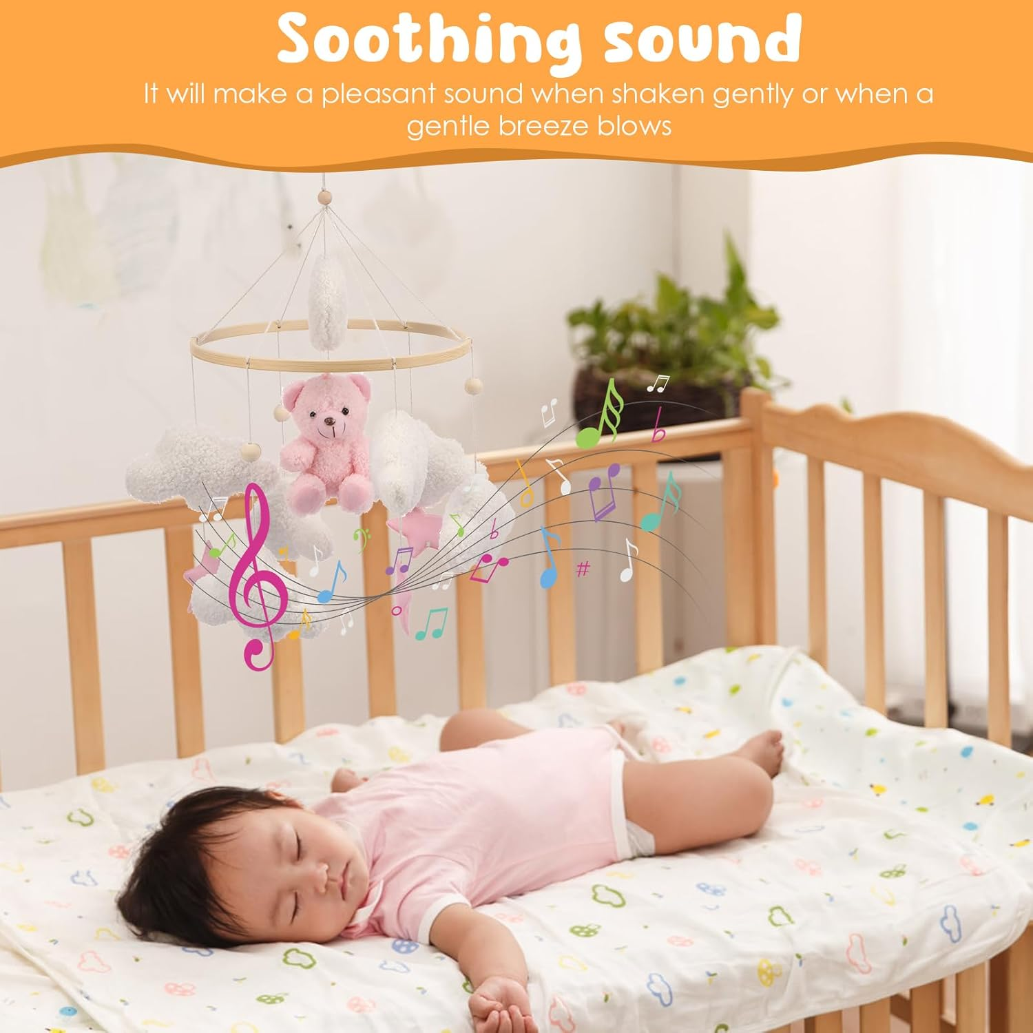 Baby Musical Crib Mobile, Hanging Rotating Plush Toys and Wood Nursery Mobile Cute for Infant Newborn Boy Girl,Total Height: 45Cm/17.72In (Pink) image number 3