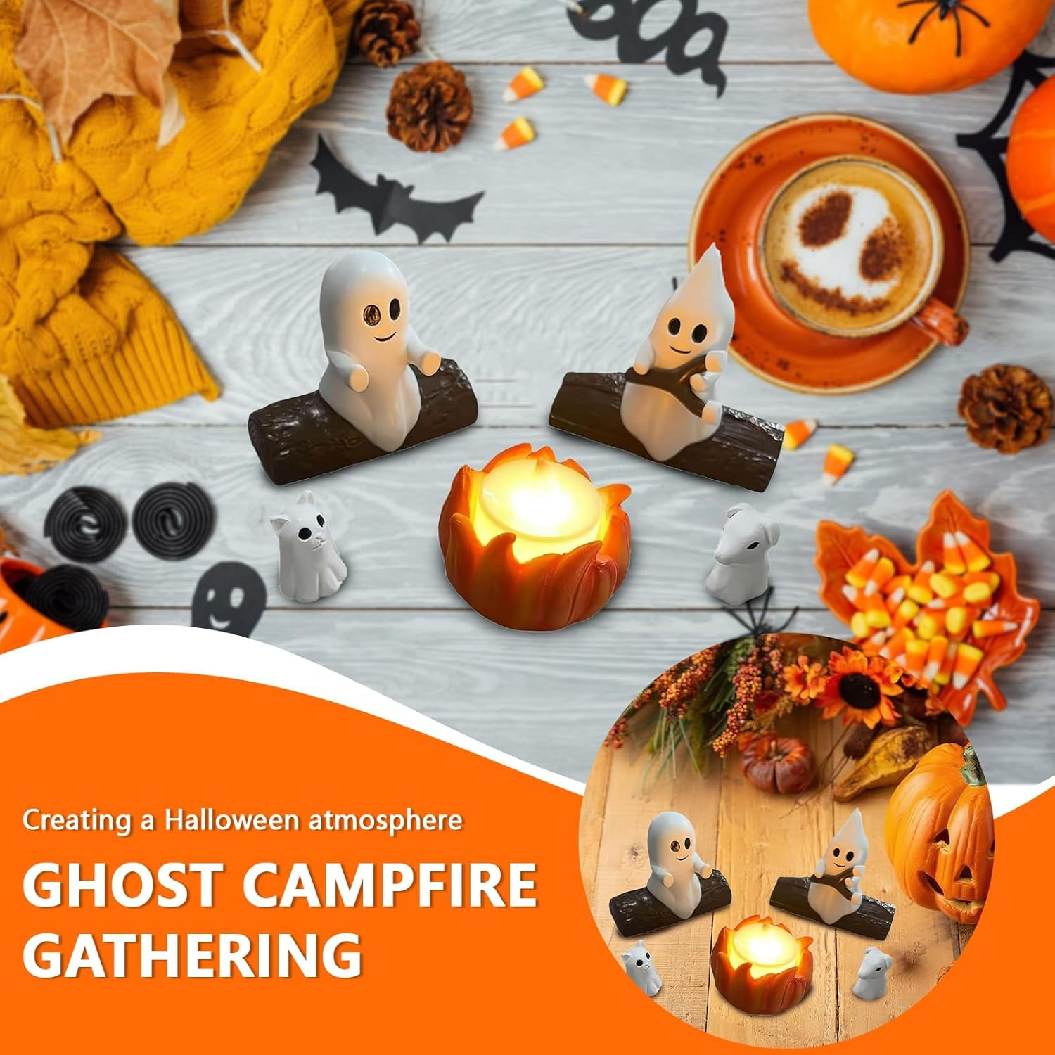 Halloween Ghost Bonfire Decoration, Night Light, Resin Ghost Decoration with Flashing LED, Halloween Decoration, Cute and Comfortable Ghost Statue, Suitable for Home or Desk (Cats and Dogs) (A) image number 2