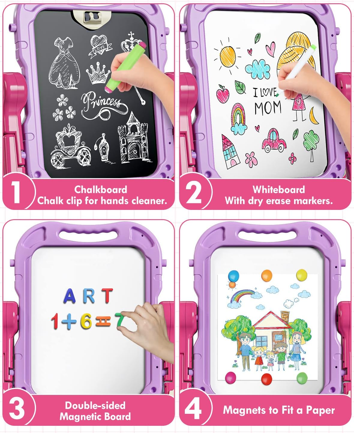 Lehoo Castle 4 in 1 Easel Set for Kids, Kids' Art Easels Height Adjustable, White & Black Board Double Side 360&deg; Rotation, Chalk and Magnet Available with Writing and Drawing Supplies (Purple) image number 1