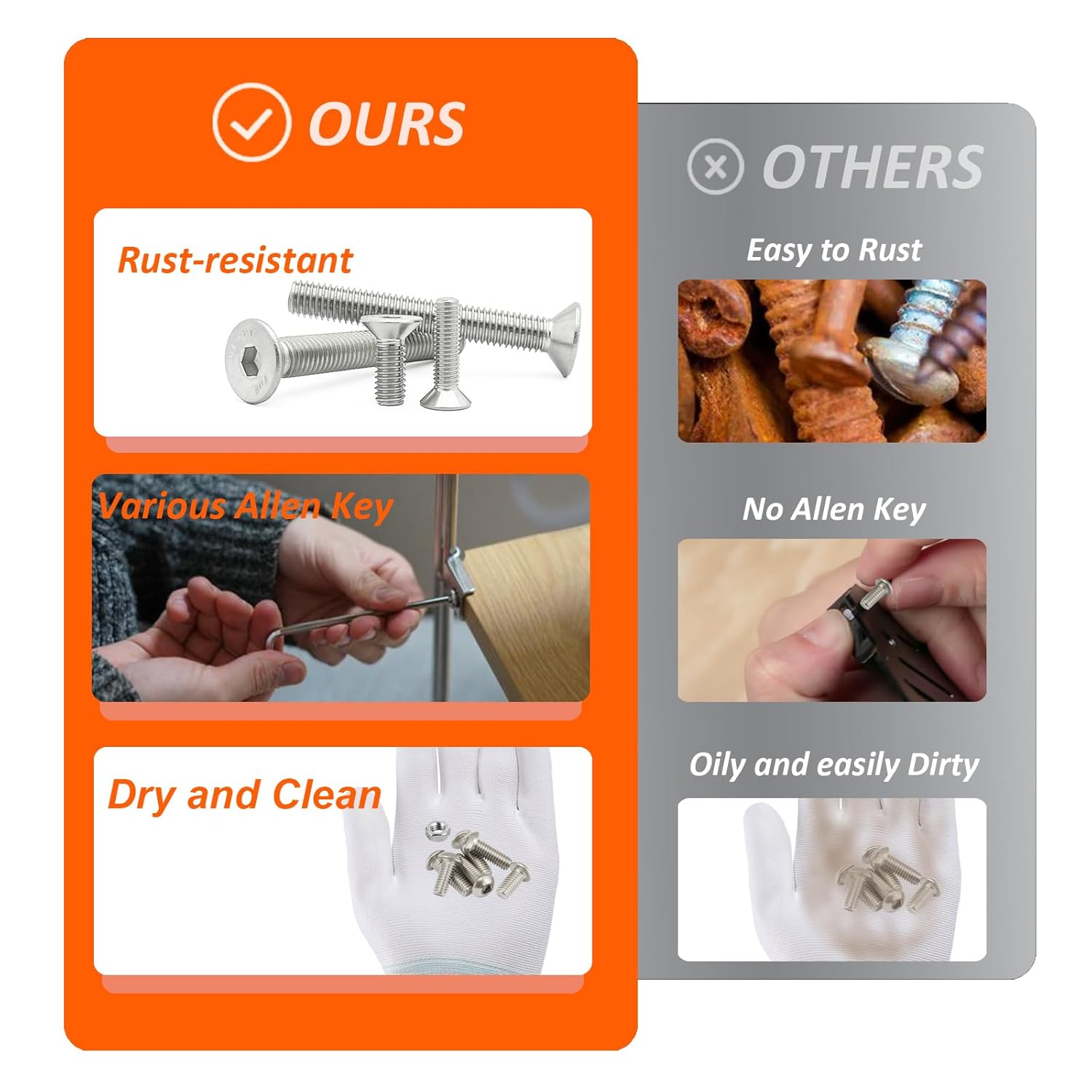 Fullfun 880PCS M2 M3 M4 M5 Hex Socket Flat Head Screw Bolts Nuts Assortment Kit, 304 Stainless Steel Metric Screws with 4PCS Allen Wrenches, Allen Socket Hex Drive Machine Screws Set image number 1