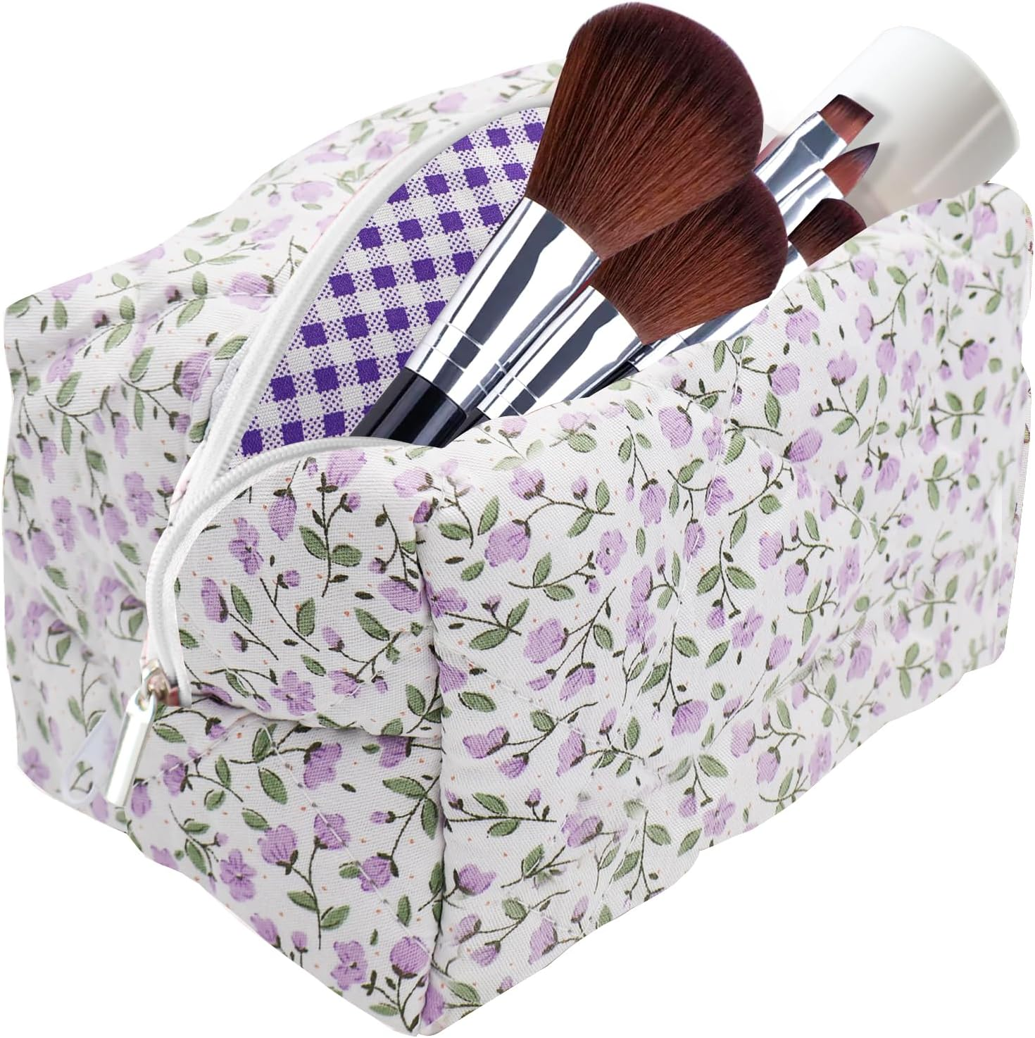Cotton Quilted Makeup Bag, Cute Pouch Toiletry Bag Cosmetic Bag Quilted Floral Organizer Bag Travel Coquette Aesthetic Portable Storage Zipper Purse for Women, Blue, Cute