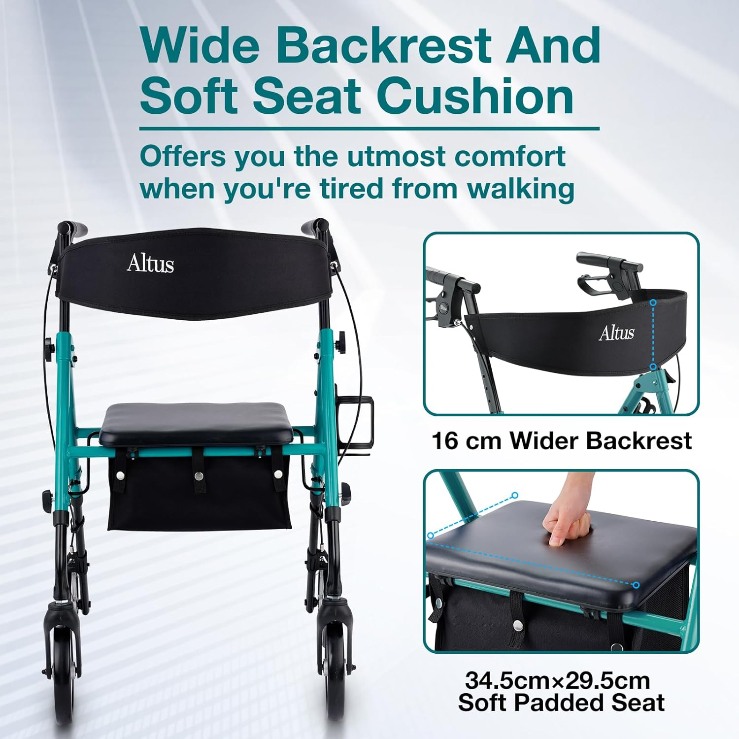 Altus Classic Walker with Seat Rollator Height Adjustable Folding Deep Teal image number 2