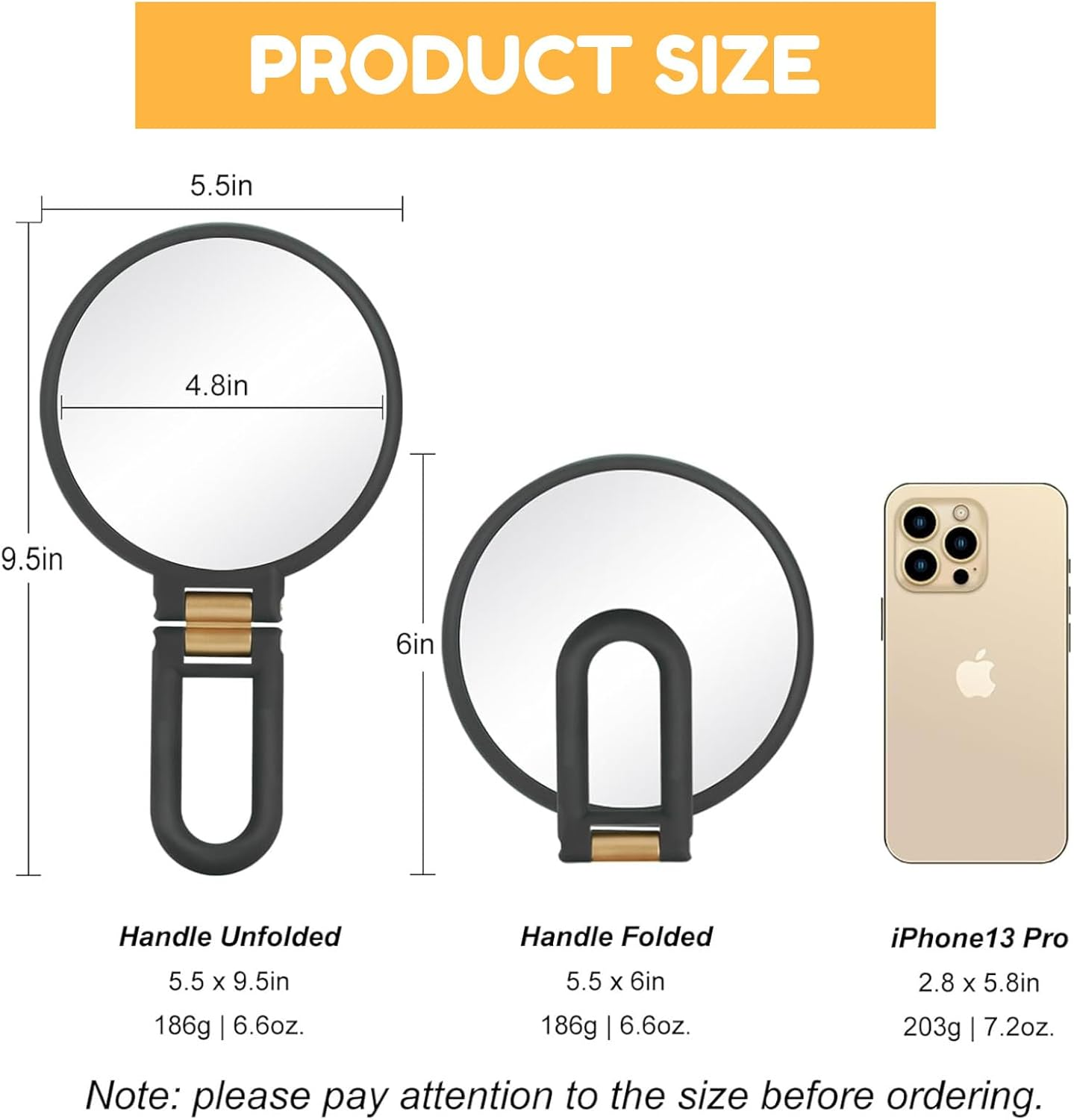 30X Magnifying Mirror, Travel Hand Mirror with Handle &ndash; Double-Sided Handheld Mirror with 1X & 30X Magnification, Adjustable Handle/Stand, Foldable Travel Mirror for Makeup (Black) image number 1